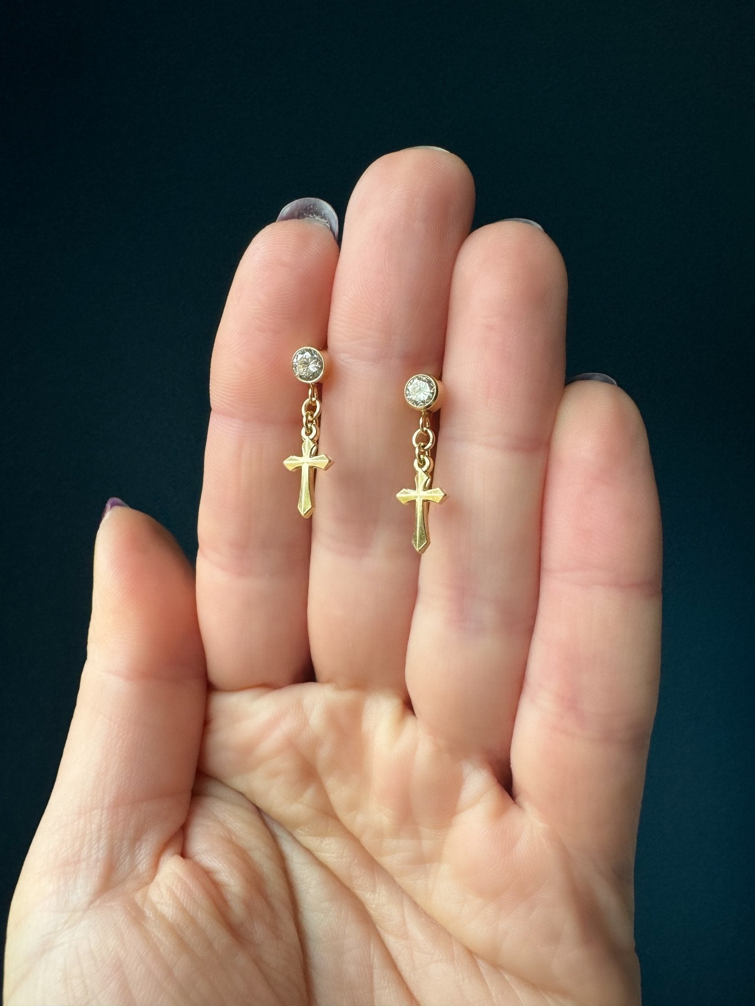 14K Gold Dangle Cross Earrings with Cubic Zirconia Studs - LeSilveStone