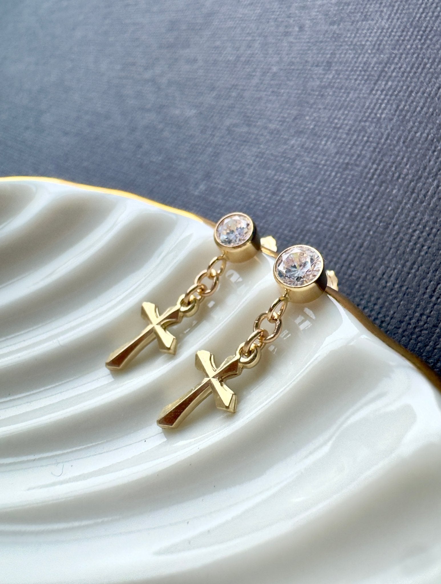 14K Gold Dangle Cross Earrings with Cubic Zirconia Studs - LeSilveStone