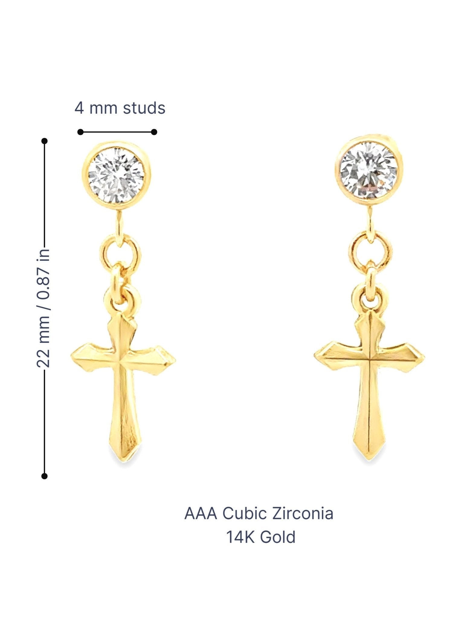 14K Gold Dangle Cross Earrings with Cubic Zirconia Studs - LeSilveStone