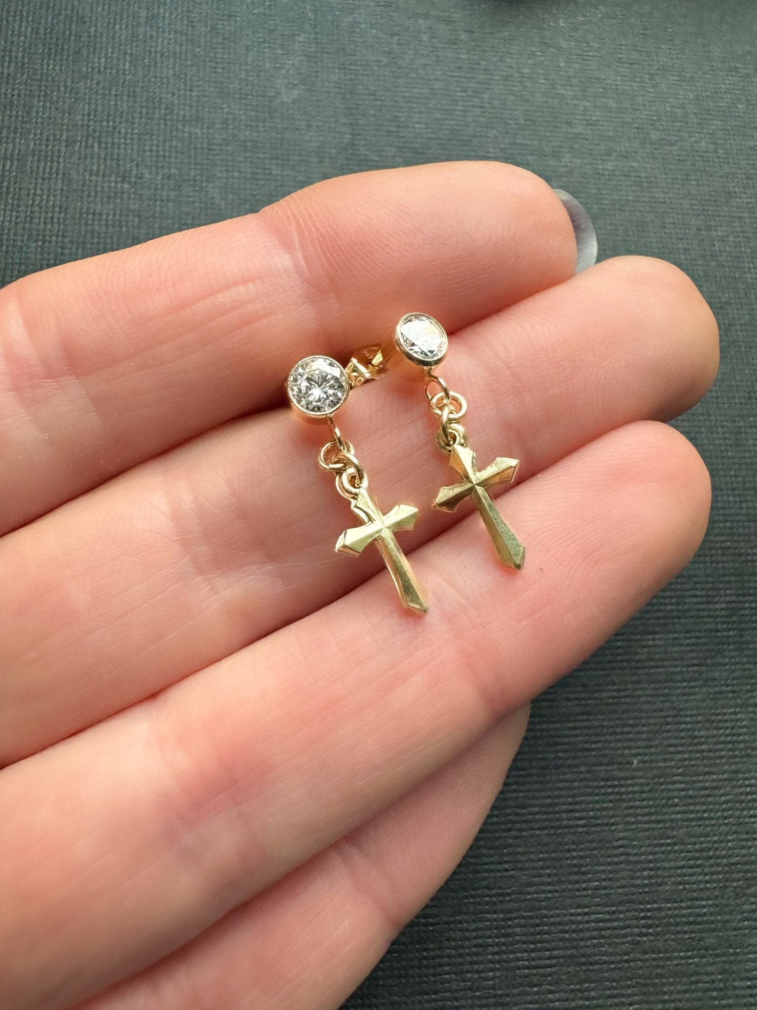 14K Gold Dangle Cross Earrings with Cubic Zirconia Studs - LeSilveStone
