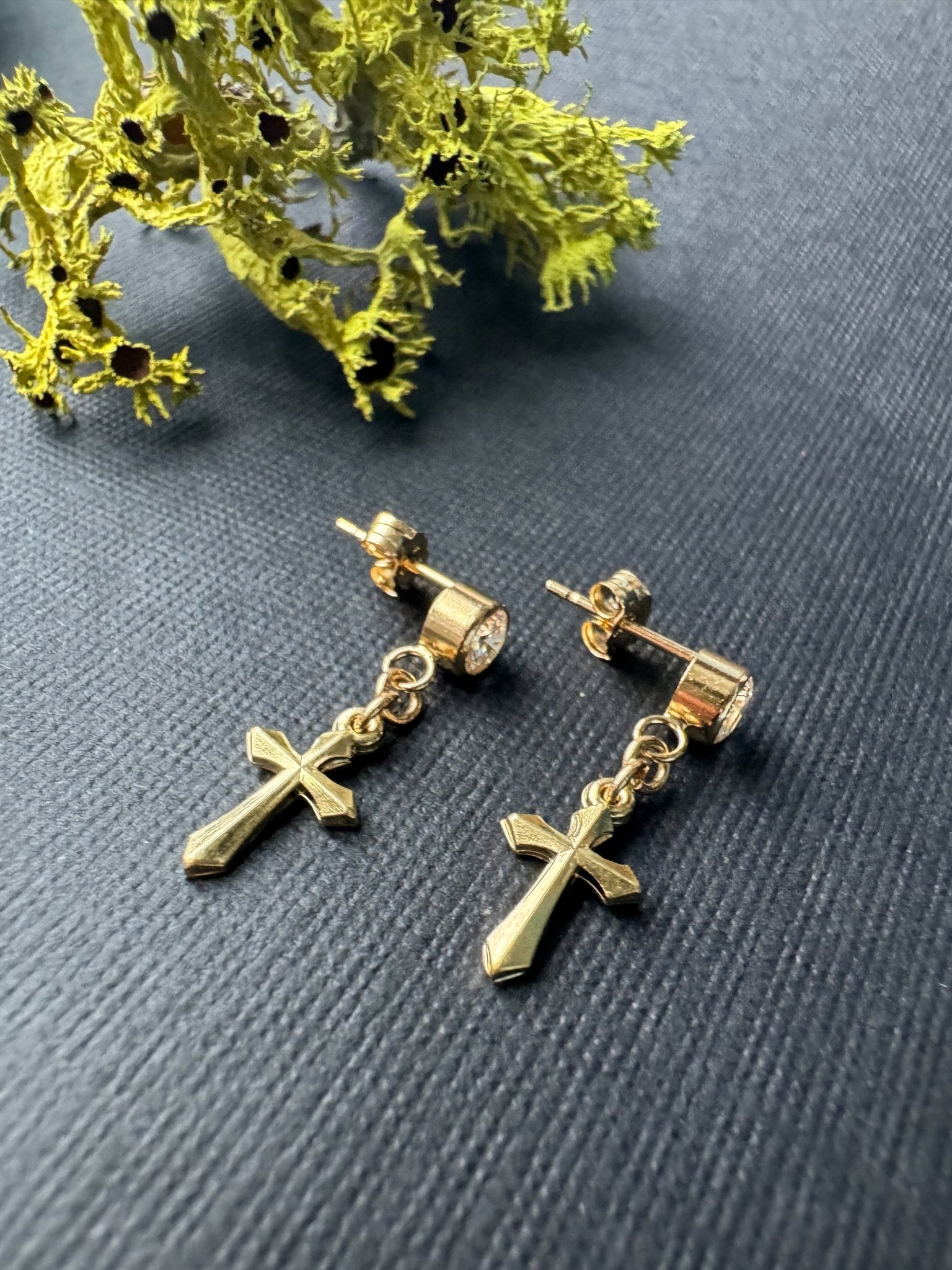 14K Gold Dangle Cross Earrings with Cubic Zirconia Studs - LeSilveStone