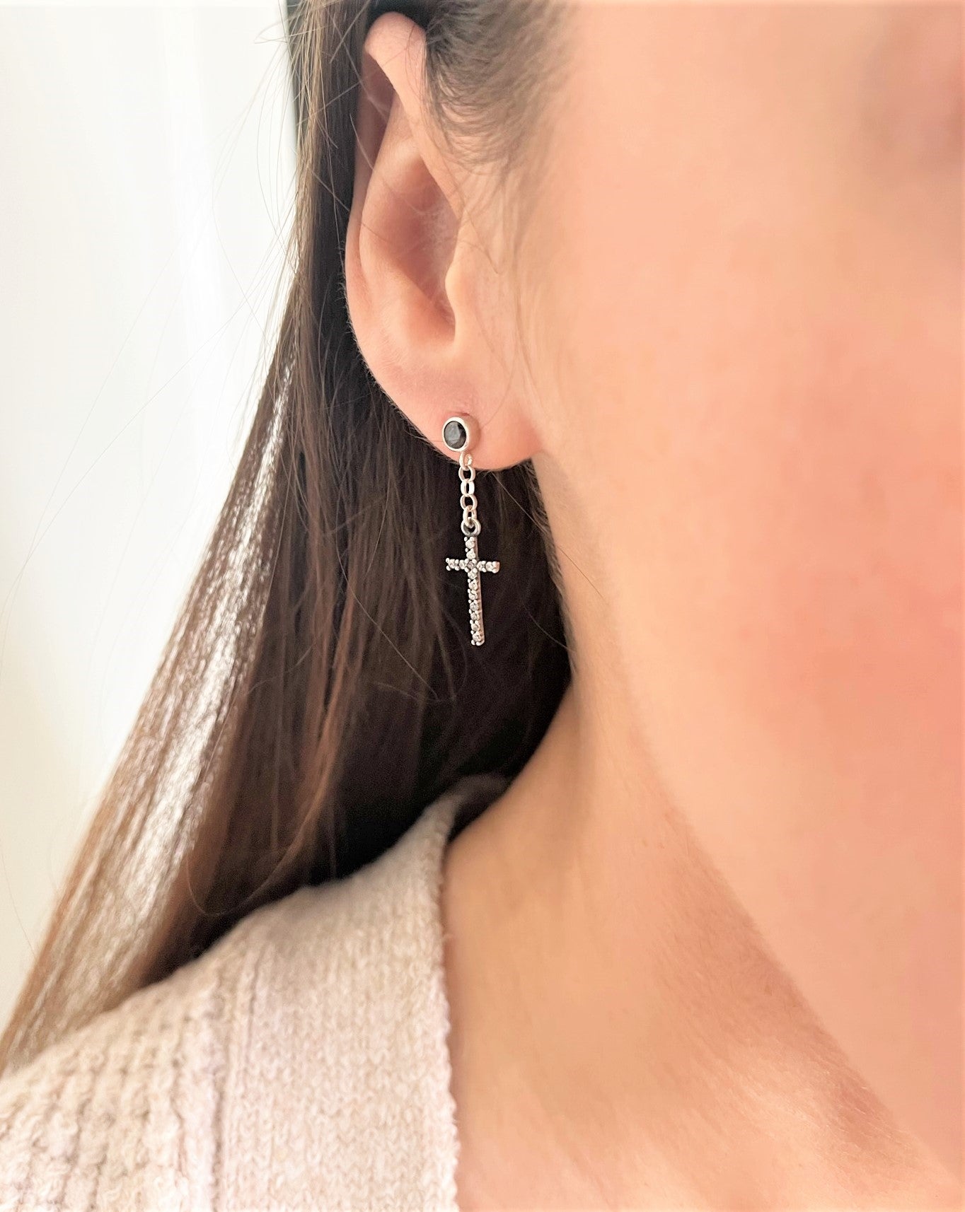 Black Cubic Zirconia Diamond Stud Earrings With Dangle Cross - LeSilveStone