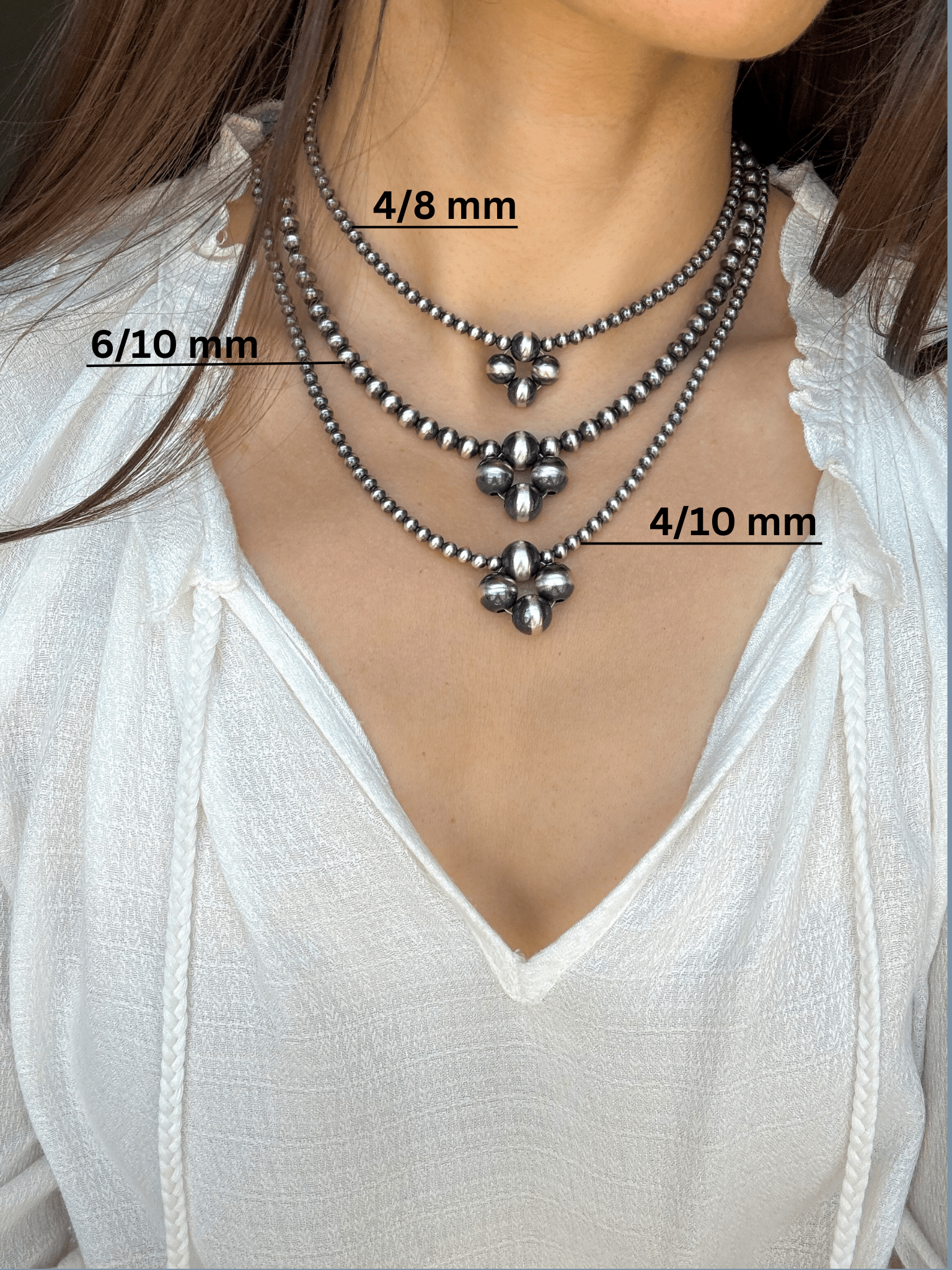 Clover Navajo Pearl Style Necklace in Sterling Silver, 6 / 10 mm - LeSilveStone