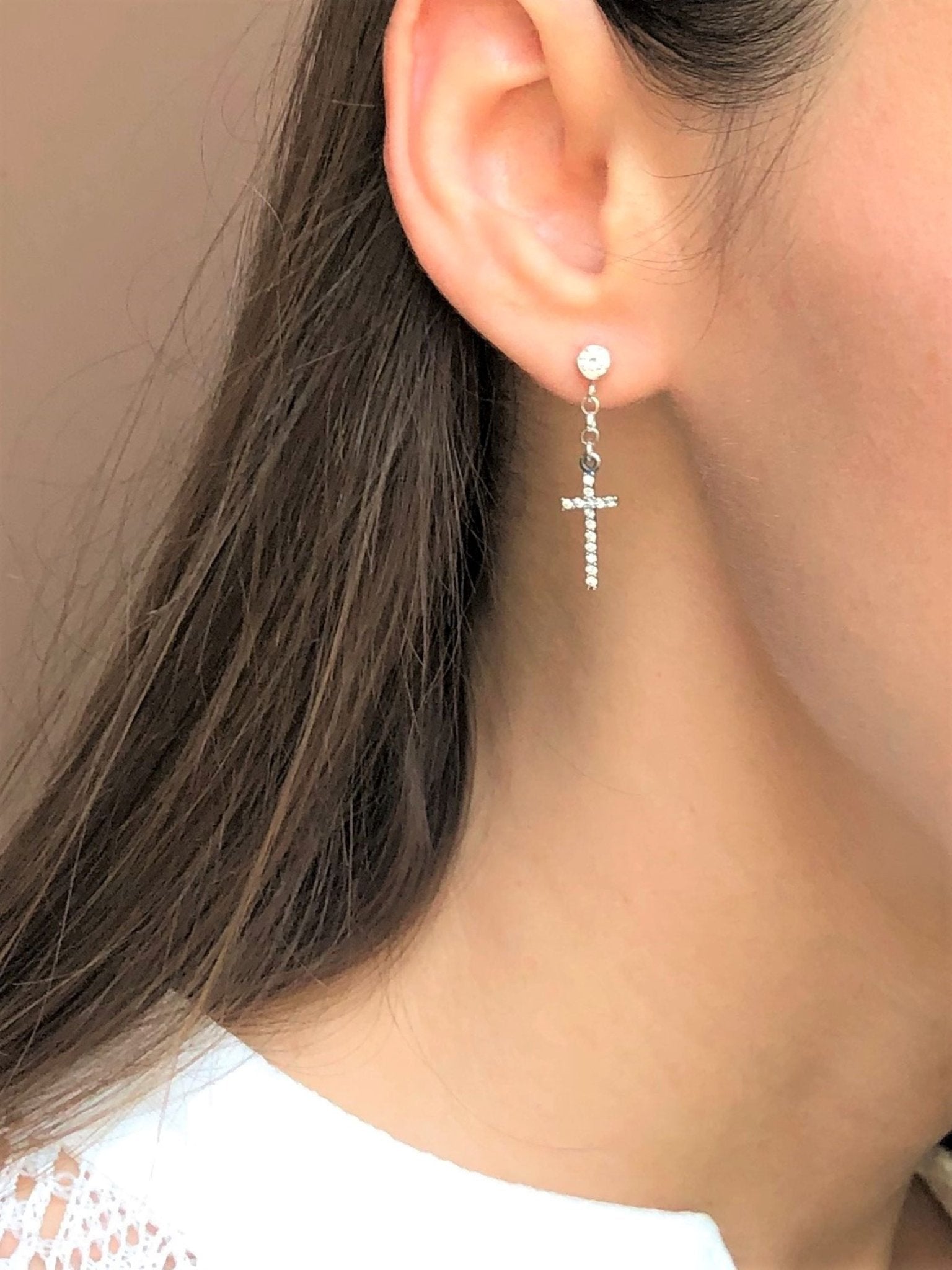 Cubic Zirconia Diamond Stud Earrings with Dangle Cross - LeSilveStone