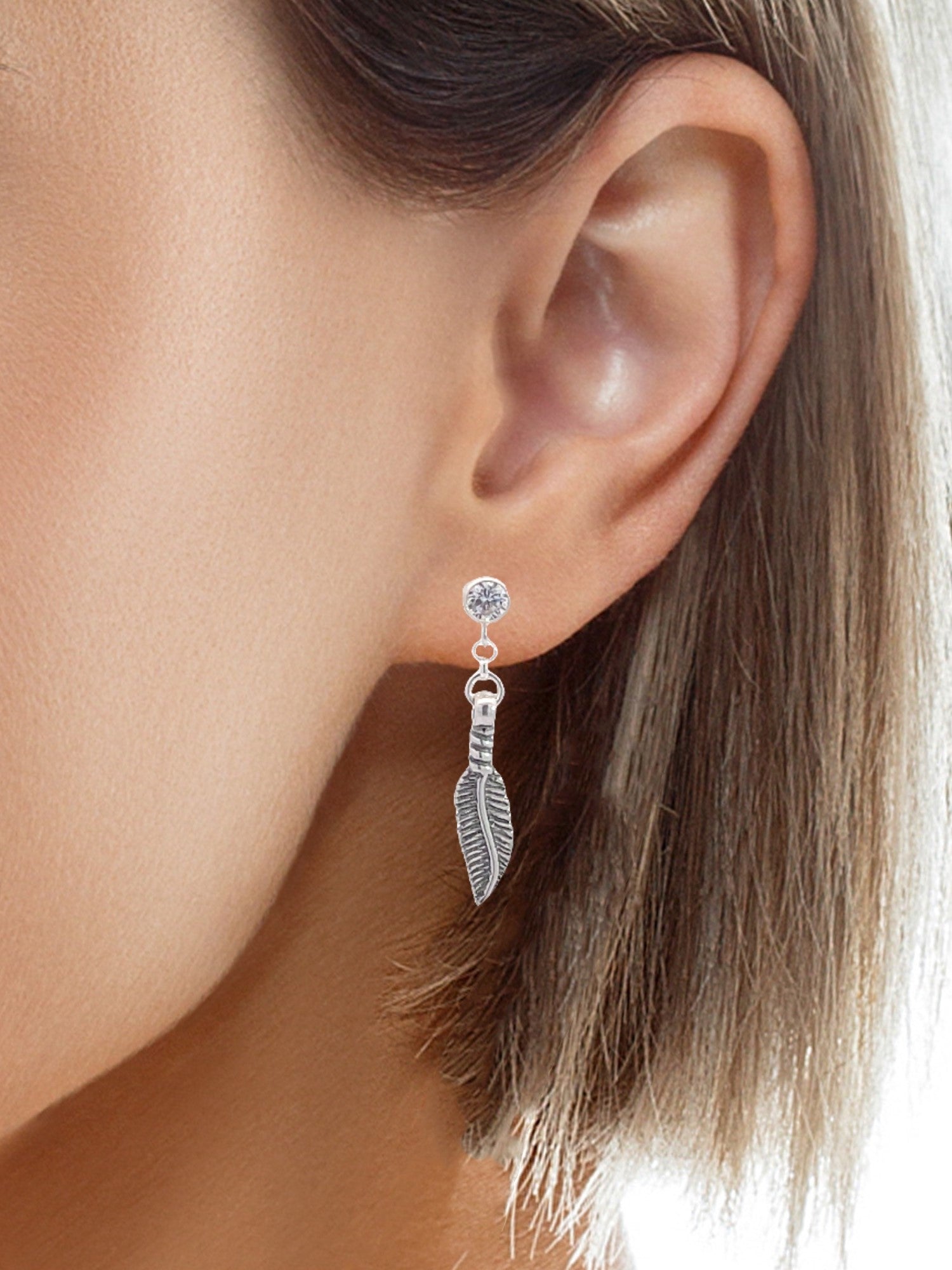 Cubic Zirconia Diamond Stud Earrings With Dangle Feather - LeSilveStone