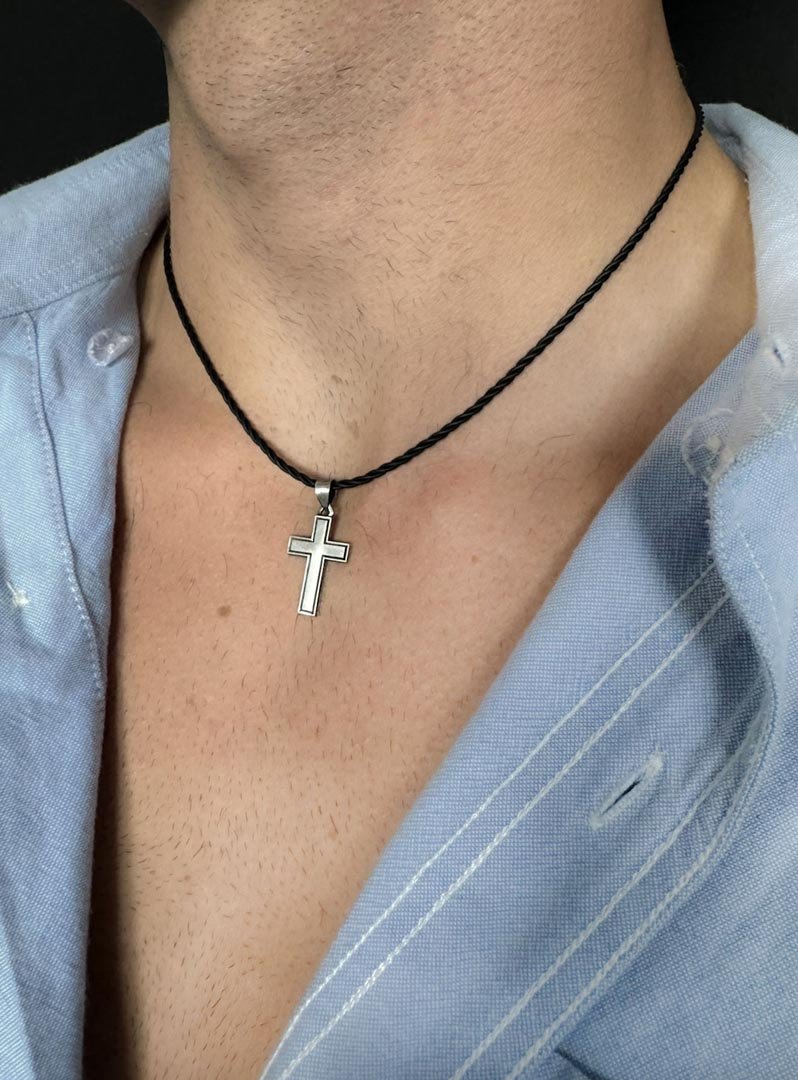 Matte Cross Sterling Silver Black Cord Necklace - LeSilveStone