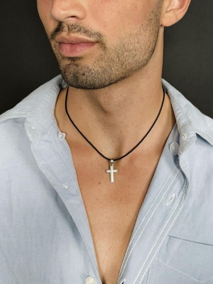 Matte Cross Sterling Silver Black Cord Necklace - LeSilveStone