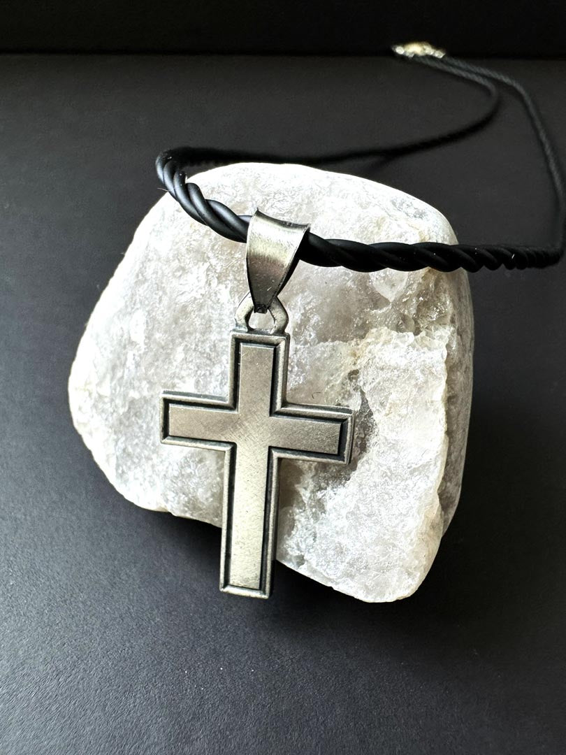 Matte Cross Sterling Silver Black Cord Necklace - LeSilveStone
