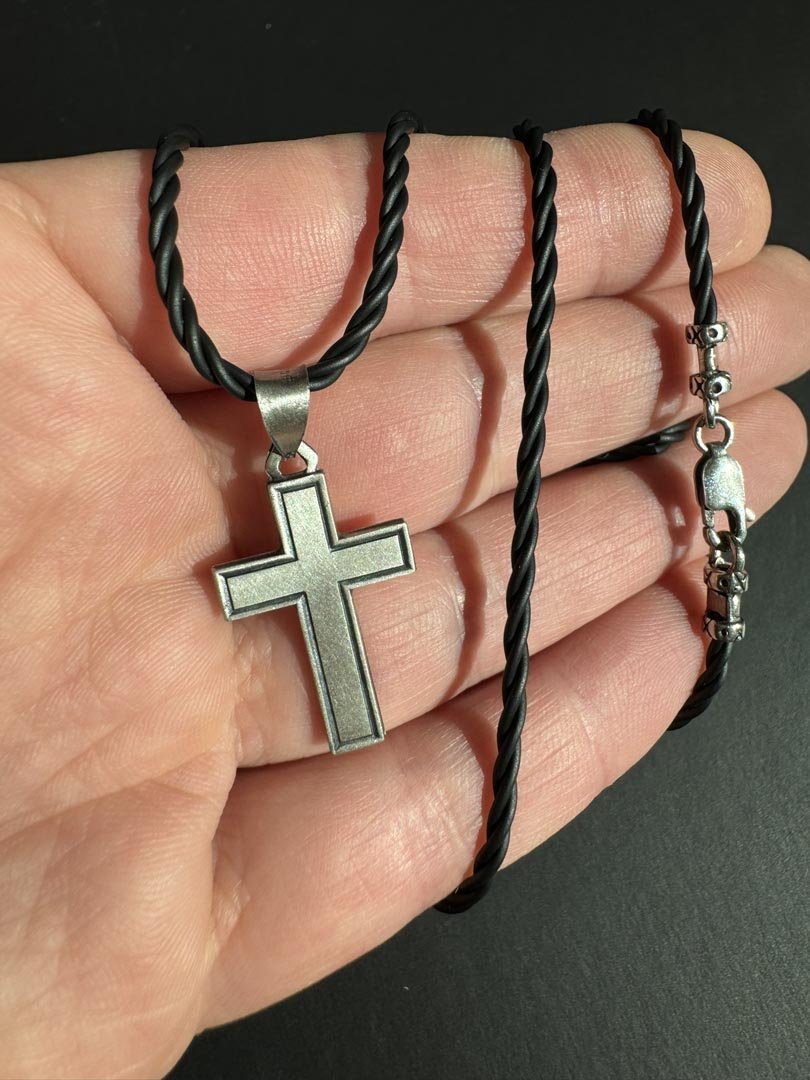 Matte Cross Sterling Silver Black Cord Necklace - LeSilveStone