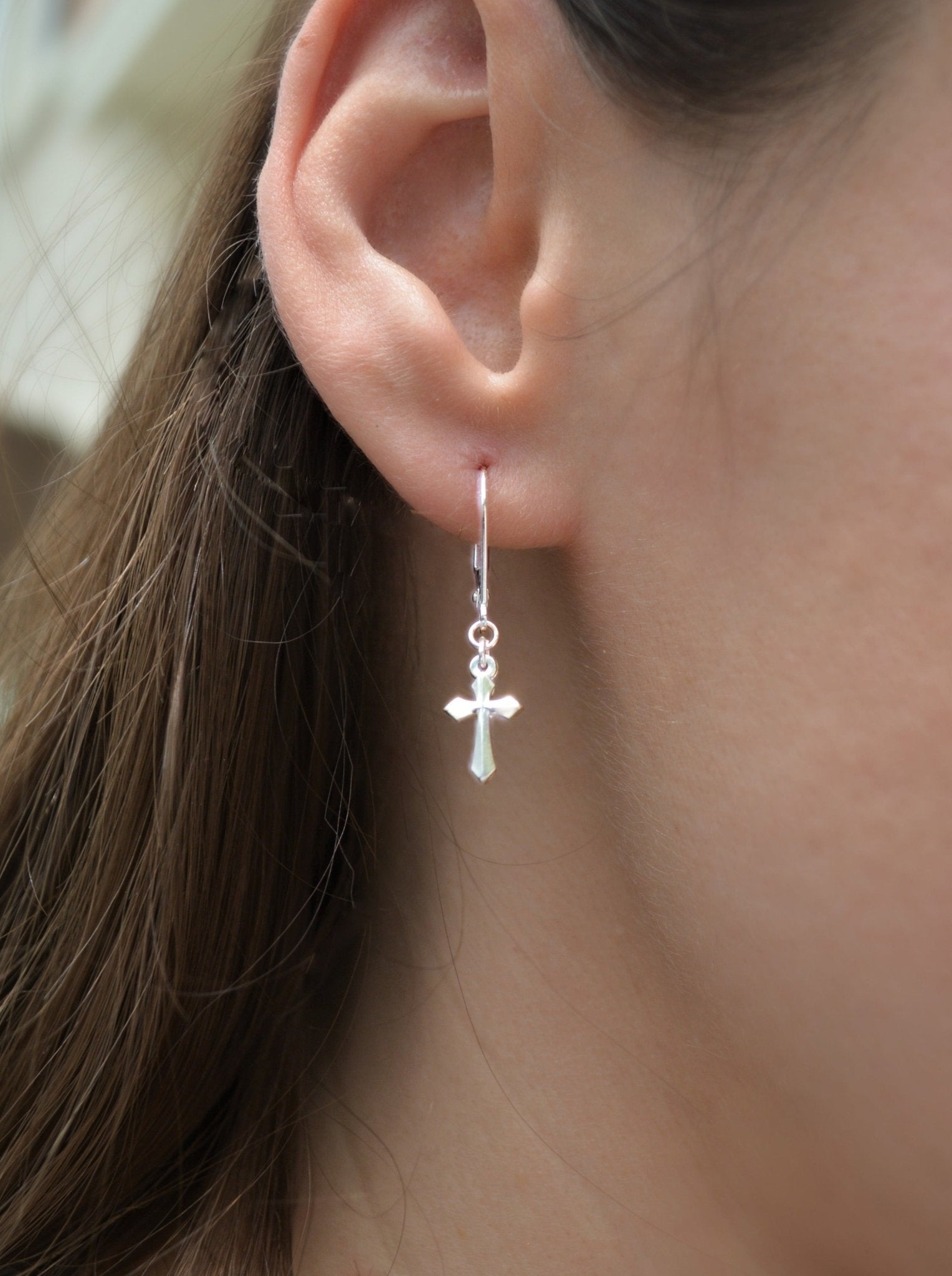 Small 3D Cross Lever Back Earrings - LeSilveStone
