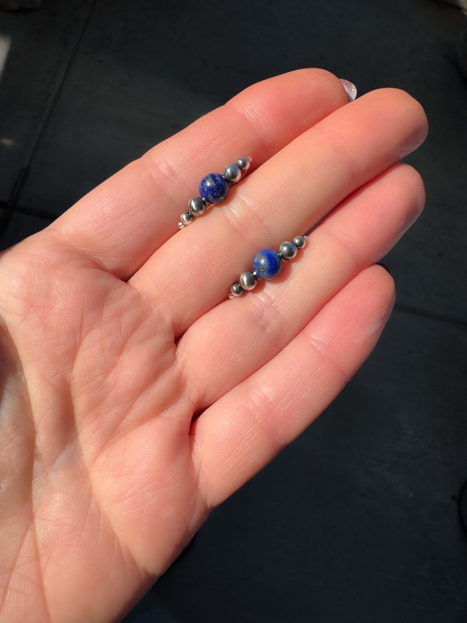 Small Beaded Style Threader Earrings with Lapis Lazuli - LeSilveStone