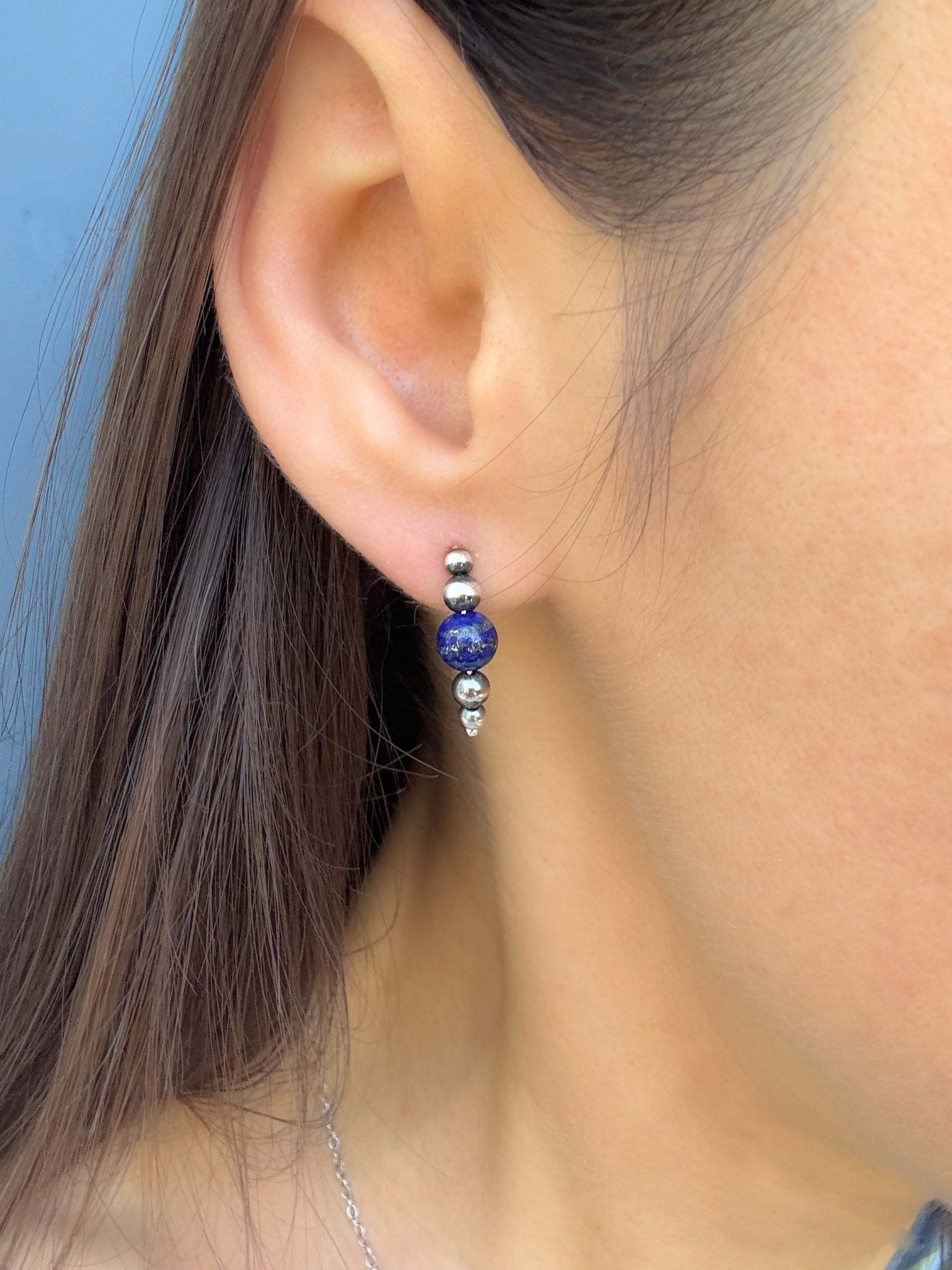 Small Beaded Style Threader Earrings with Lapis Lazuli - LeSilveStone
