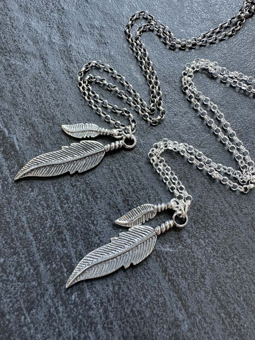Sterling Silver Necklace with Double Feather Pendant - LeSilveStone