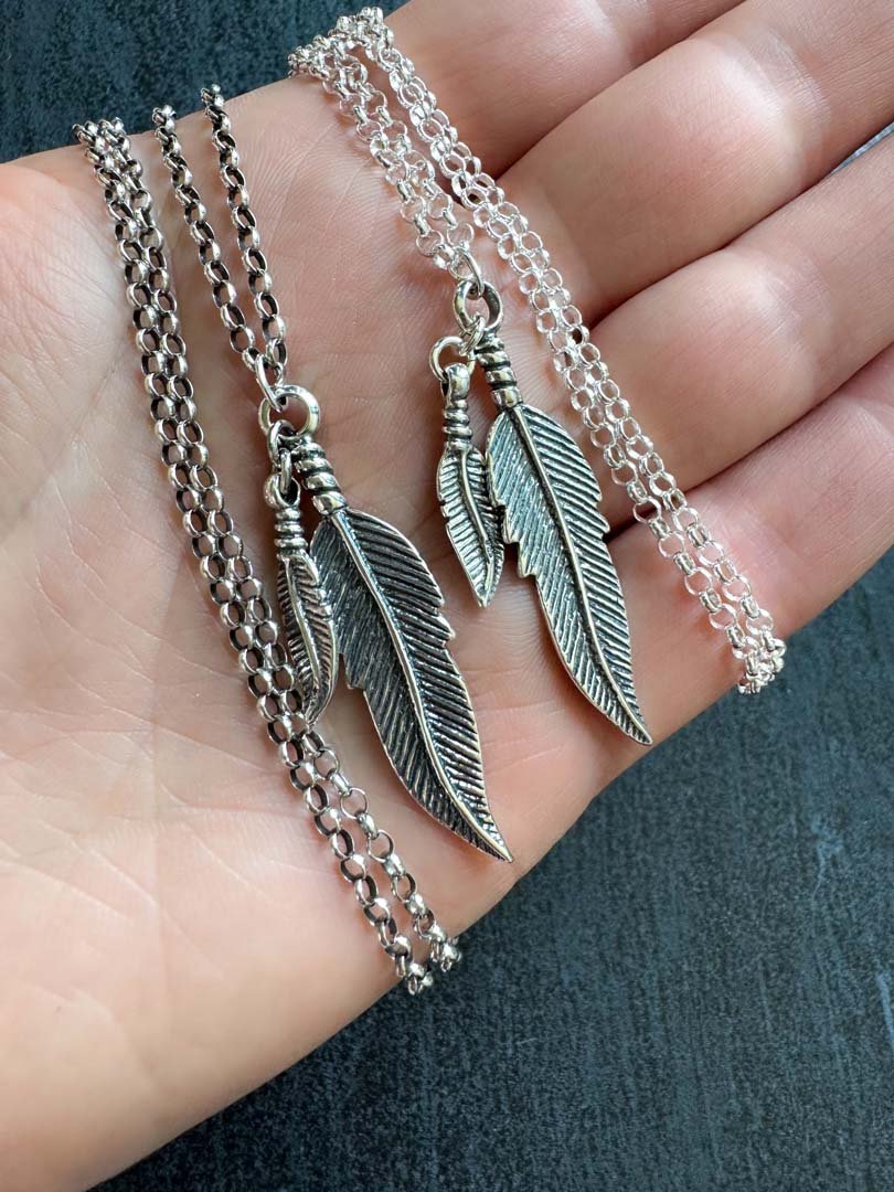 Sterling Silver Necklace with Double Feather Pendant - LeSilveStone