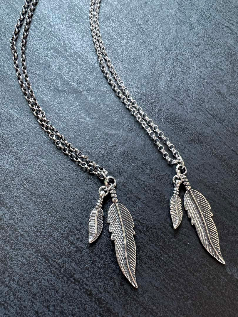Sterling Silver Necklace with Double Feather Pendant - LeSilveStone