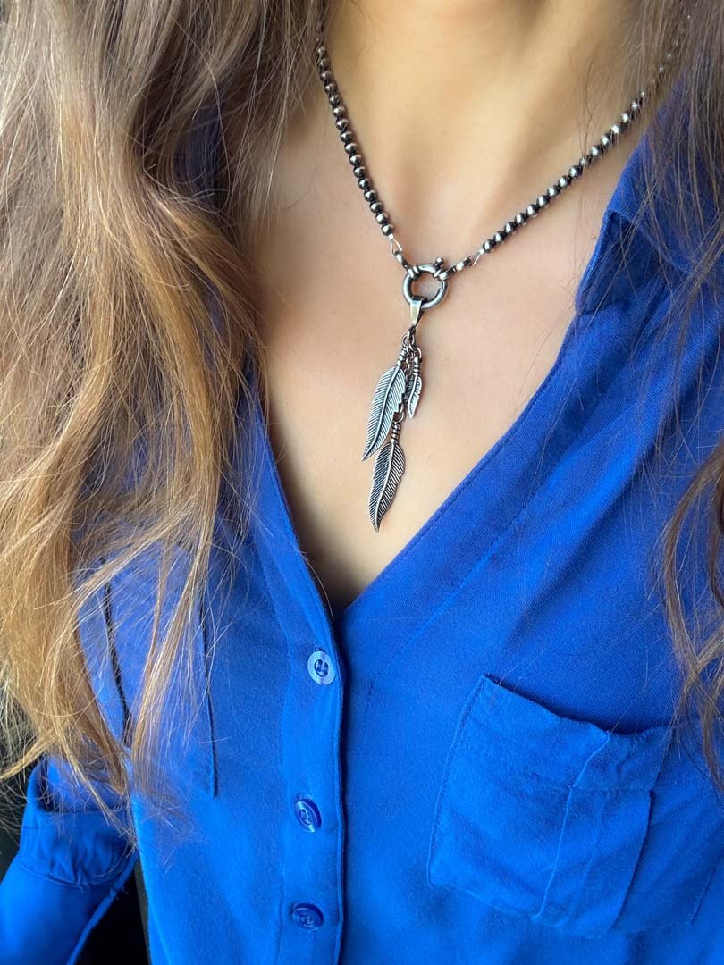 Triple Feather Pendant Navajo Pearl Style Necklace - LeSilveStone