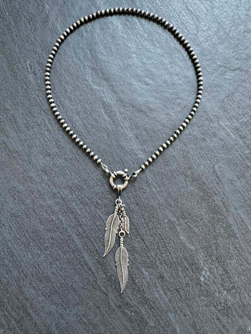 Triple Feather Pendant Navajo Pearl Style Necklace - LeSilveStone