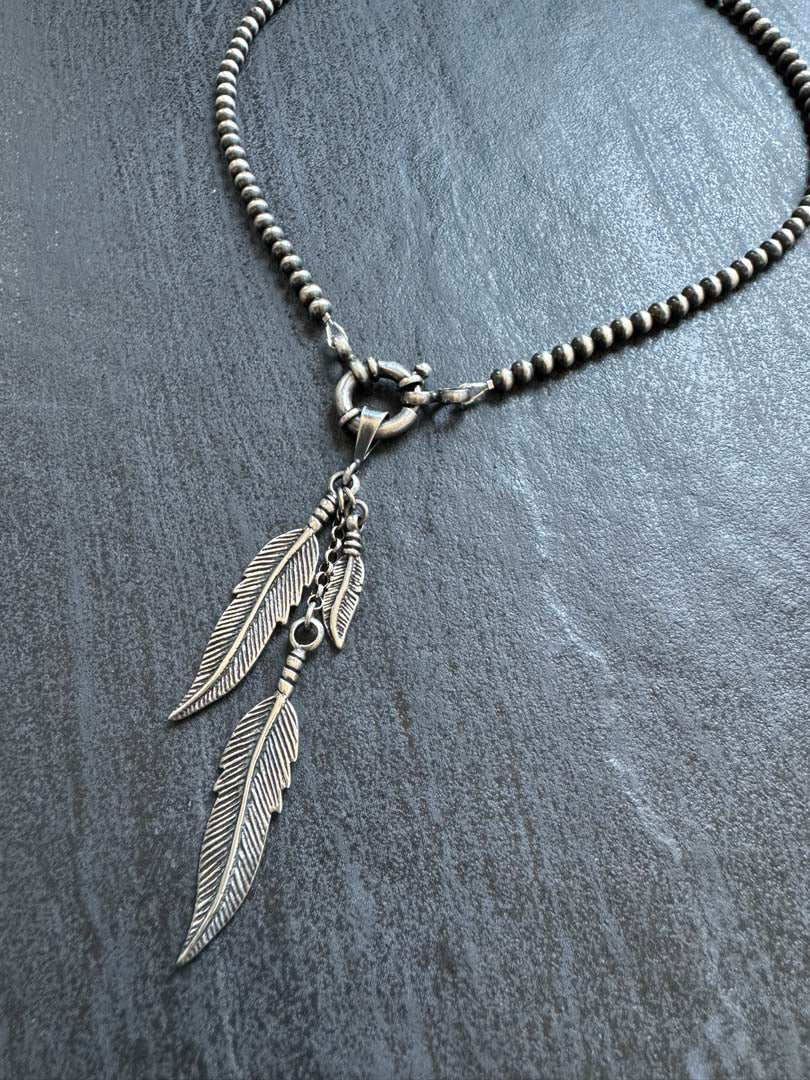Triple Feather Pendant Navajo Pearl Style Necklace - LeSilveStone