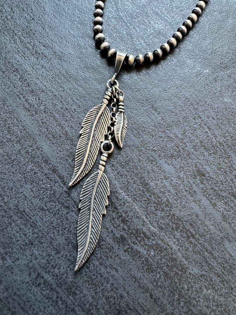 Triple Feather Pendant Navajo Pearl Style Necklace - LeSilveStone