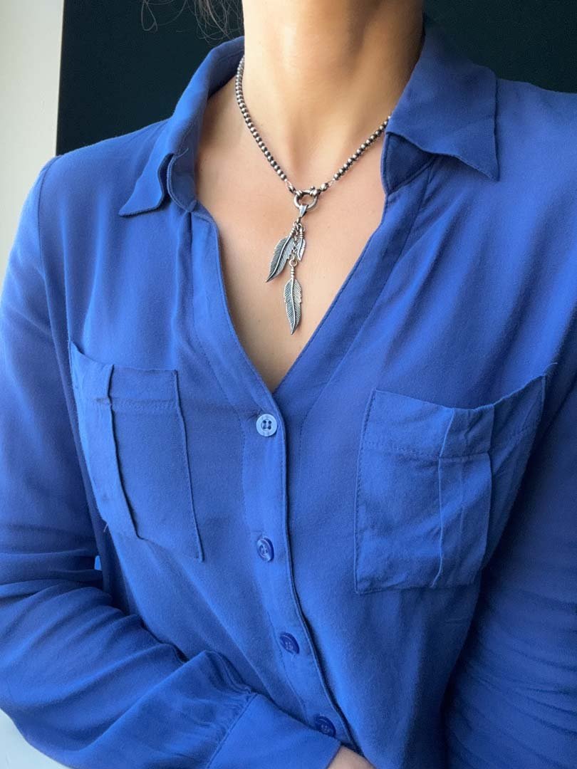 Triple Feather Pendant Navajo Pearl Style Necklace - LeSilveStone