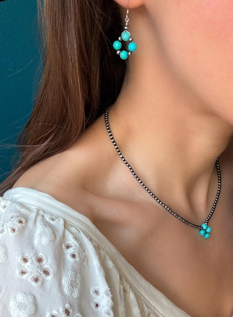 Turquoise Clover Navajo Pearl Style Necklace in Sterling Silver, 3 mm - LeSilveStone