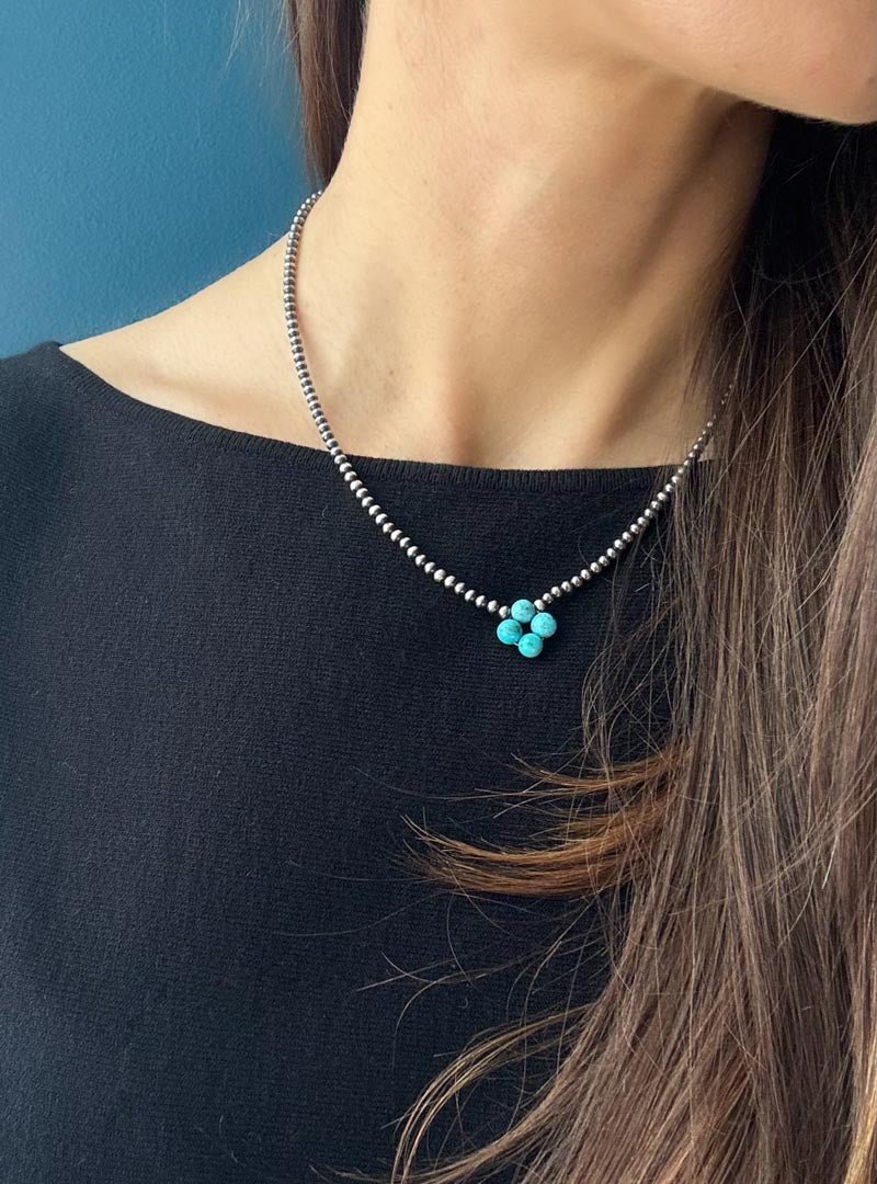 Turquoise Clover Navajo Pearl Style Necklace in Sterling Silver, 3 mm - LeSilveStone