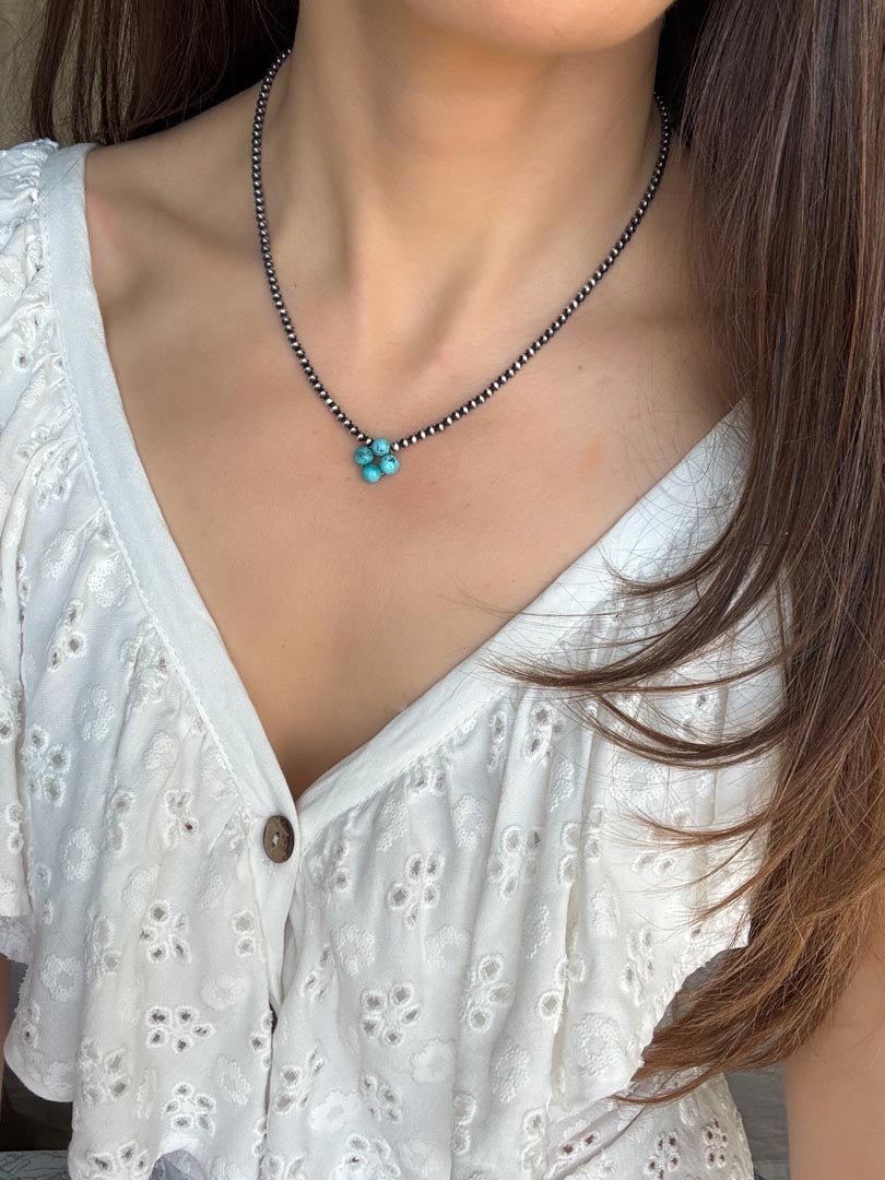 Turquoise Clover Navajo Pearl Style Necklace in Sterling Silver, 3 mm - LeSilveStone