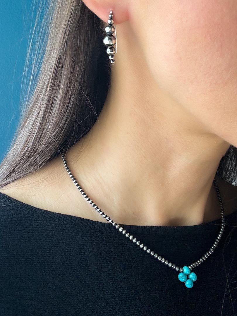 Turquoise Clover Navajo Pearl Style Necklace in Sterling Silver, 3 mm - LeSilveStone