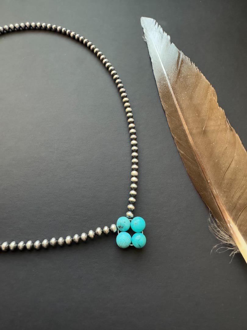 Turquoise Clover Navajo Pearl Style Necklace in Sterling Silver, 3 mm - LeSilveStone