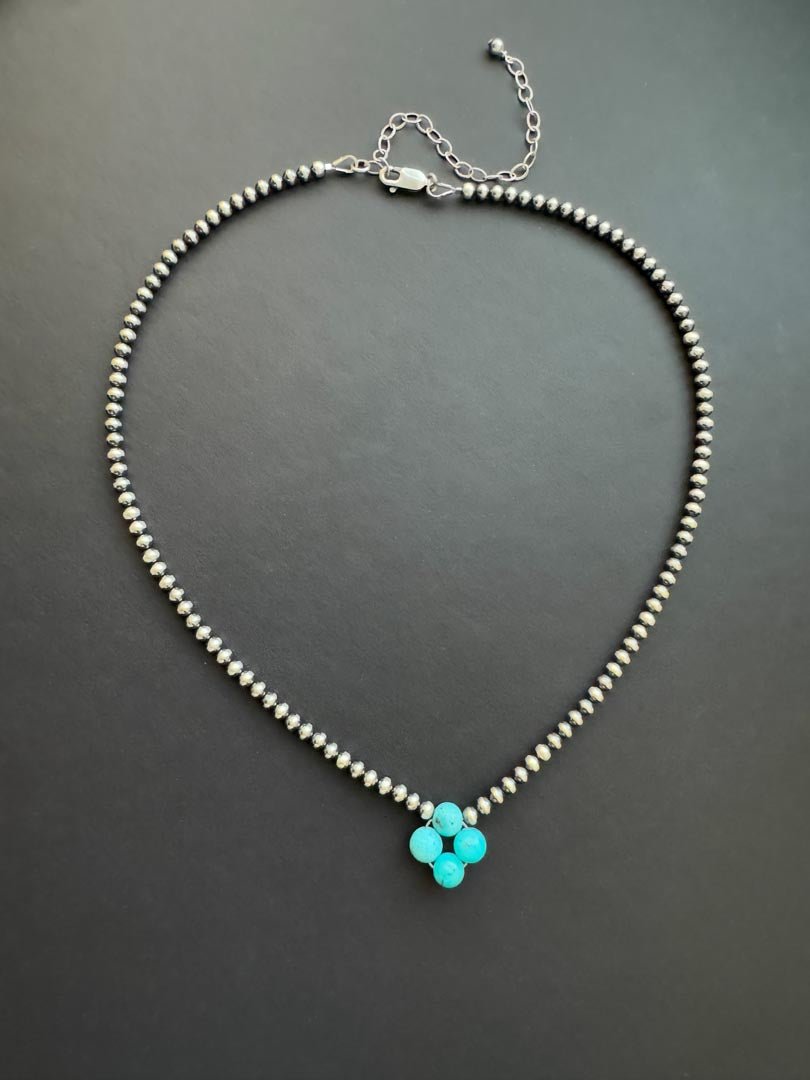 Turquoise Clover Navajo Pearl Style Necklace in Sterling Silver, 3 mm - LeSilveStone