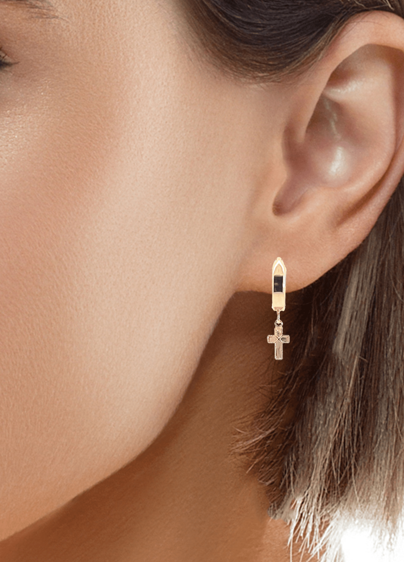 Wide Huggie Hoop Earrings with Tiny Textured Dangle Cross in 14K Gold - LeSilveStone