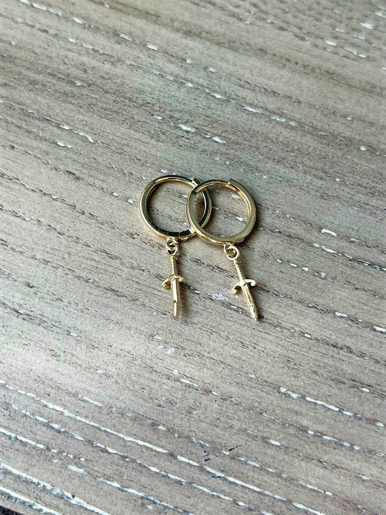 14K Gold Huggie Earrings with Dangle Dagger Charm - LeSilveStone