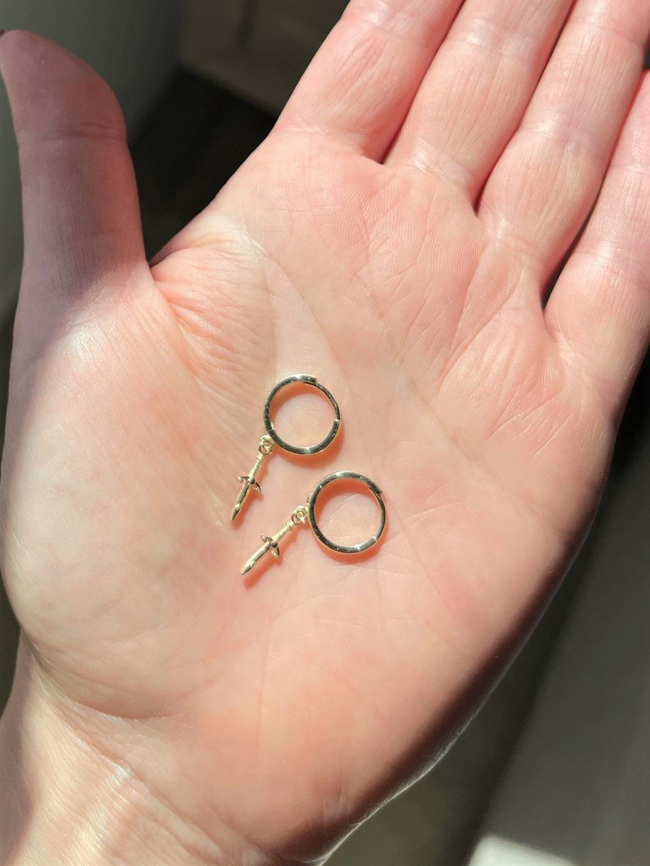 14K Gold Huggie Earrings with Dangle Dagger Charm - LeSilveStone