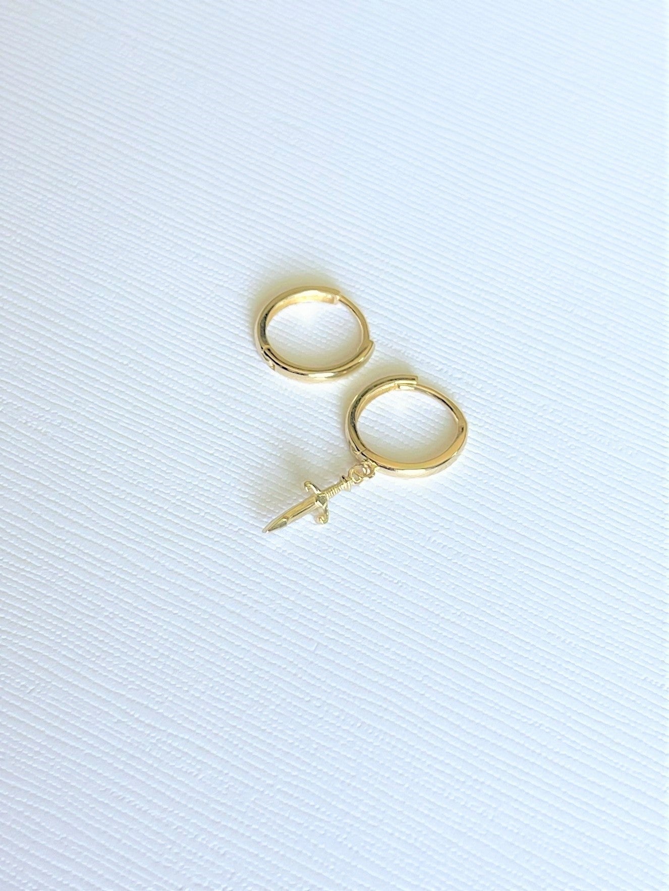 14K Gold Huggie Earrings with Dangle Dagger Charm - LeSilveStone