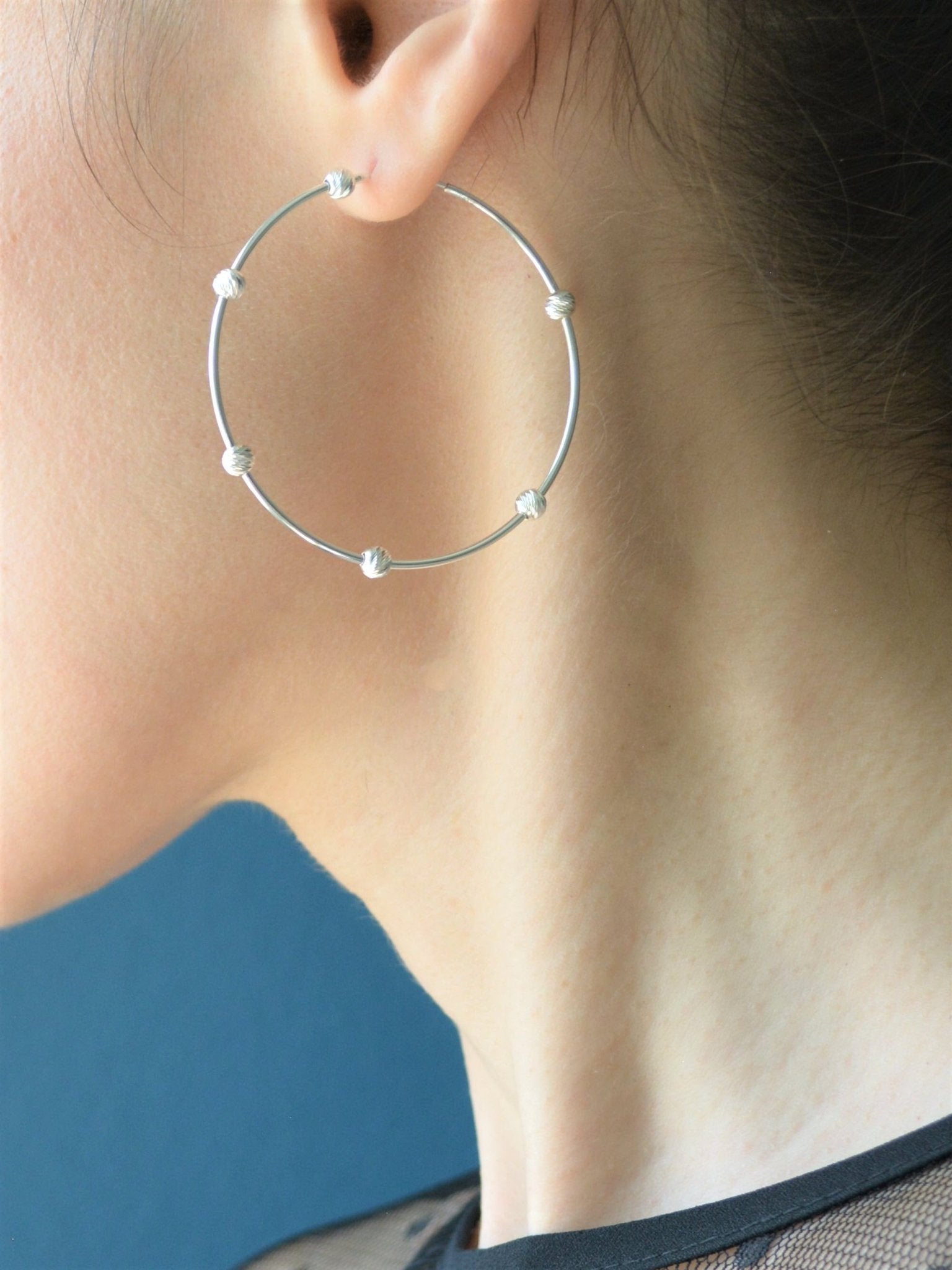 Beaded Sterling Silver Hoop Earrings - Diamond Cut - LeSilveStone