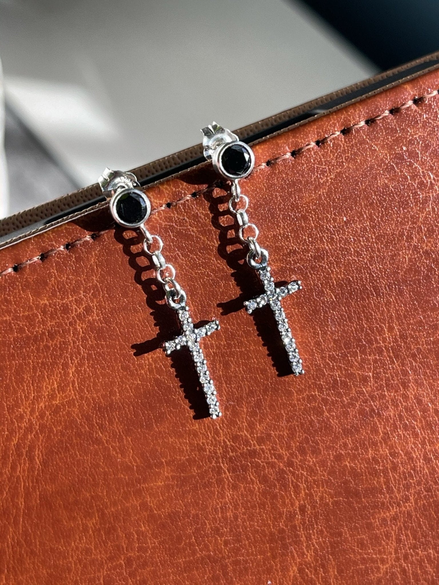 Black Cubic Zirconia Diamond Stud Earrings With Dangle Cross - LeSilveStone