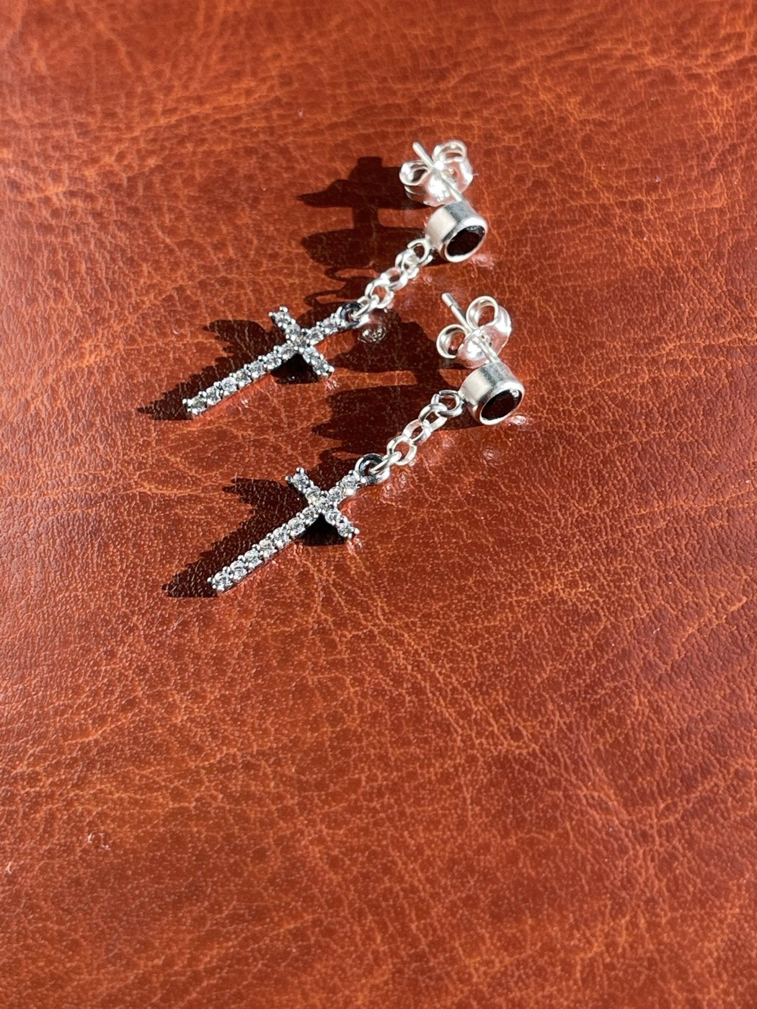 Black Cubic Zirconia Diamond Stud Earrings With Dangle Cross - LeSilveStone