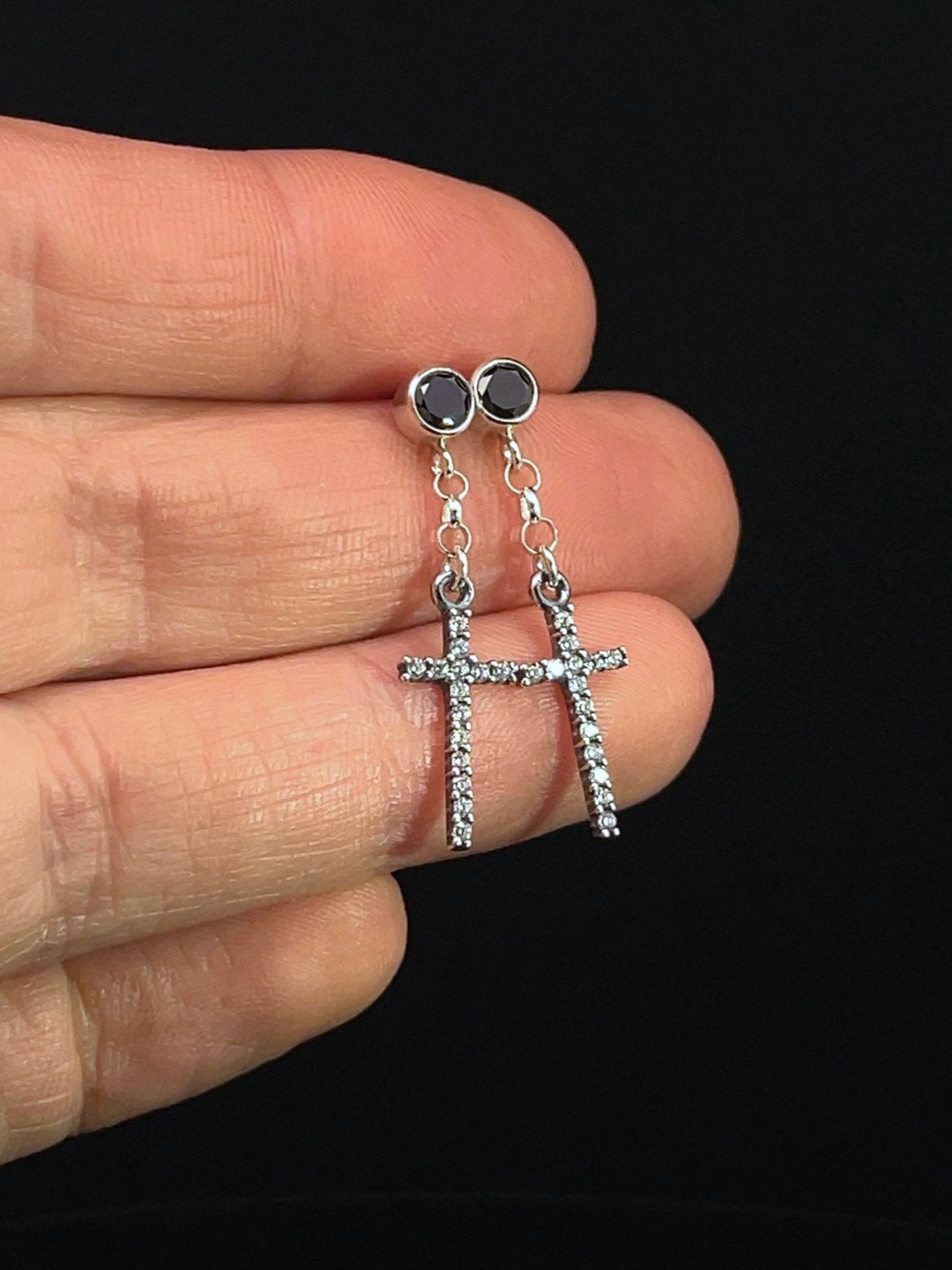 Black Cubic Zirconia Diamond Stud Earrings With Dangle Cross - LeSilveStone