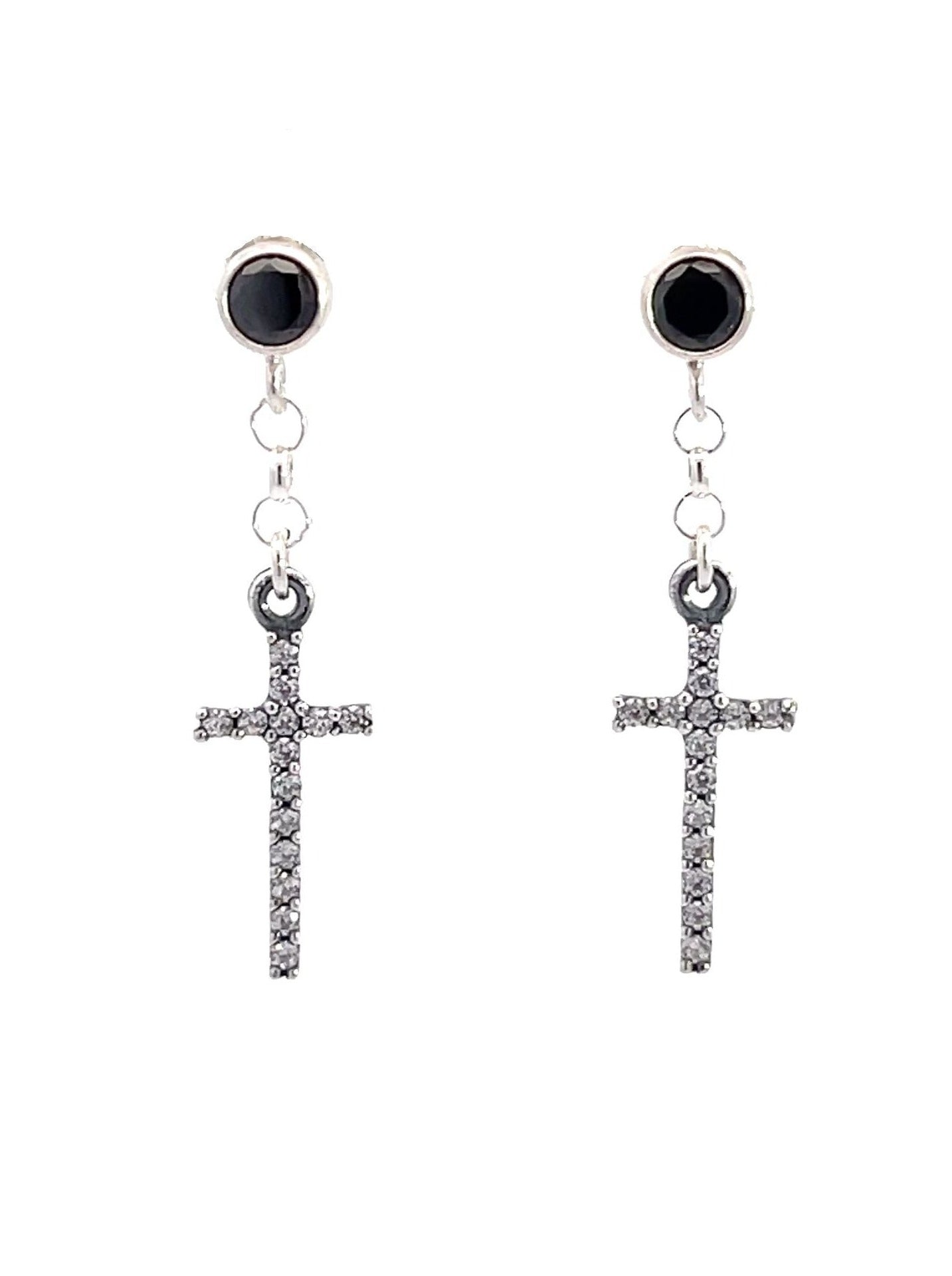 Black Cubic Zirconia Diamond Stud Earrings With Dangle Cross - LeSilveStone