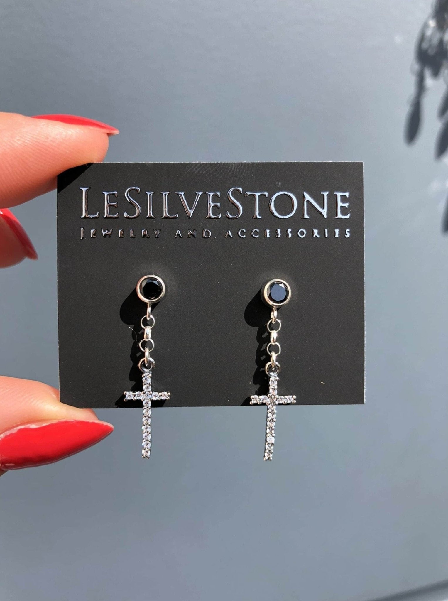 Black Cubic Zirconia Diamond Stud Earrings With Dangle Cross - LeSilveStone