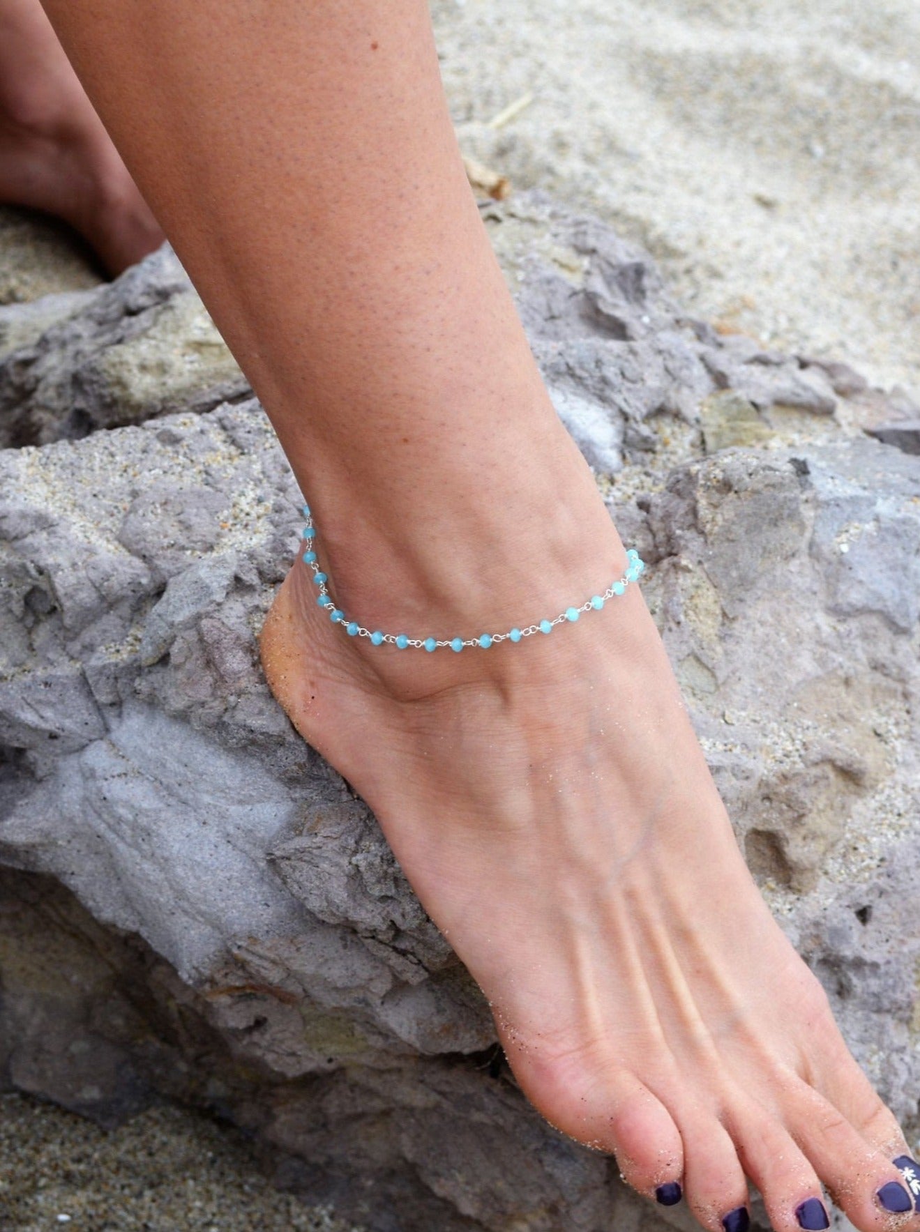 Blue Chalcedony Beaded Sterling Silver Ankle Bracelet - LeSilveStone