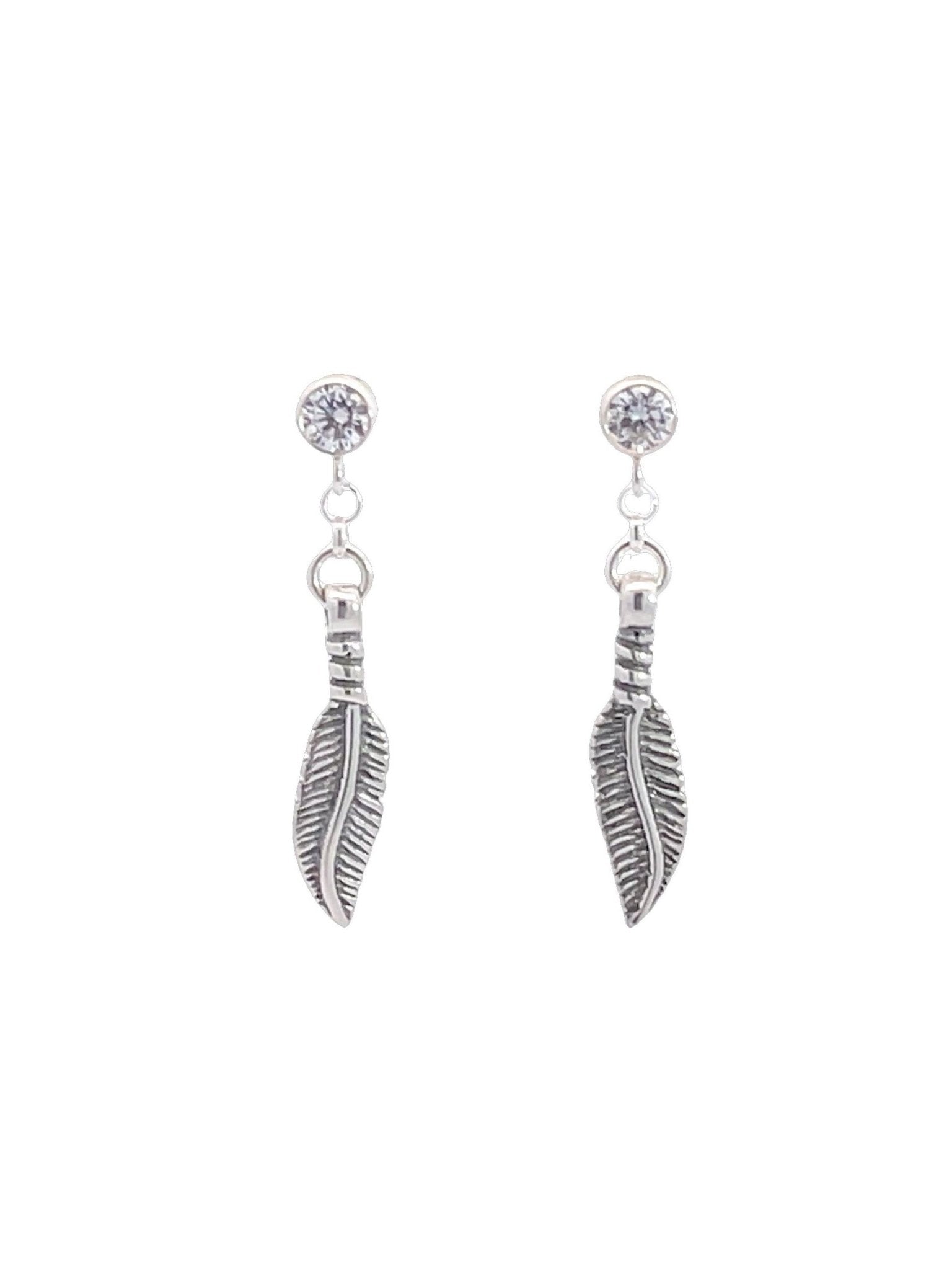 Cubic Zirconia Diamond Stud Earrings With Dangle Feather - LeSilveStone