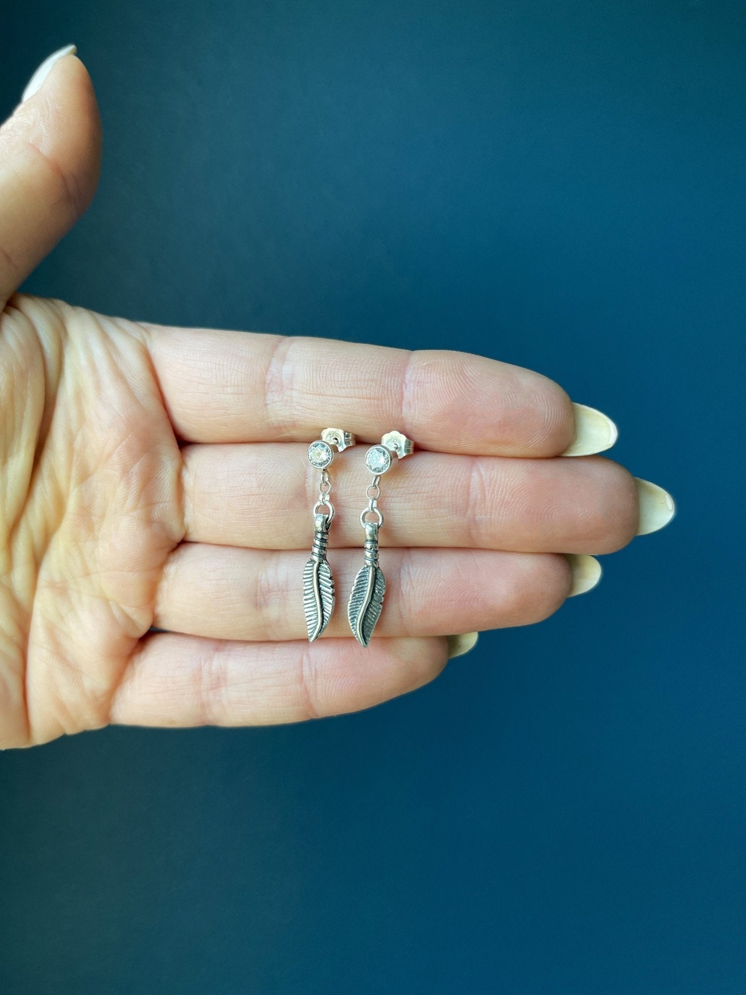 Cubic Zirconia Diamond Stud Earrings With Dangle Feather - LeSilveStone