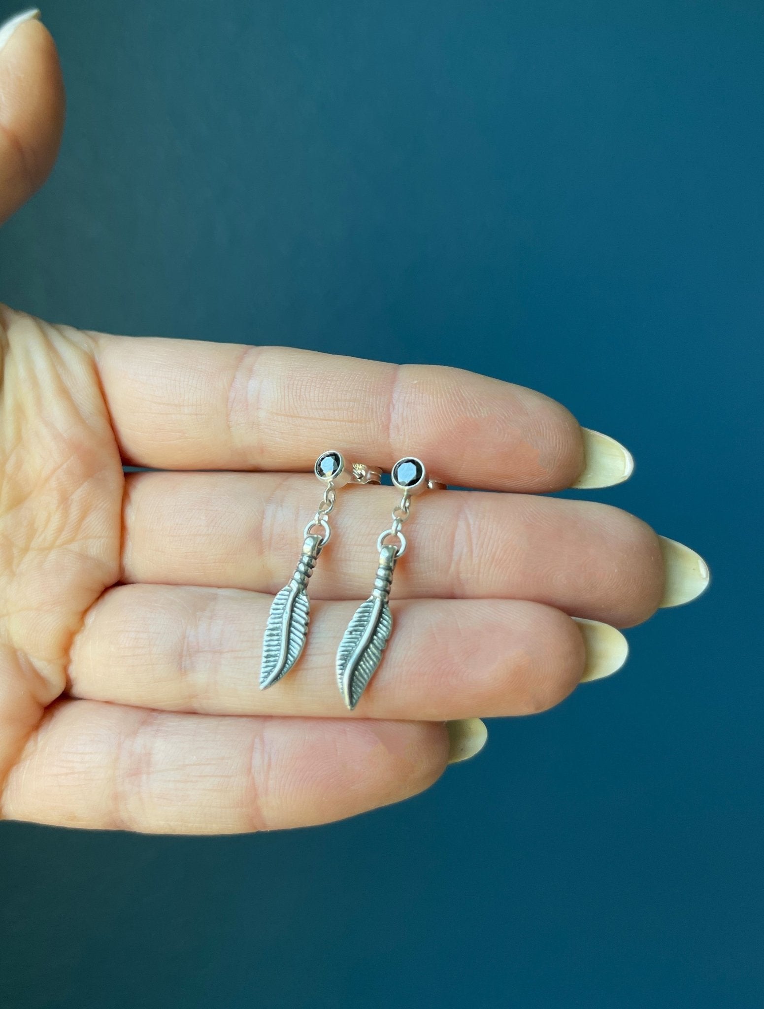 Cubic Zirconia Diamond Stud Earrings With Dangle Feather - LeSilveStone