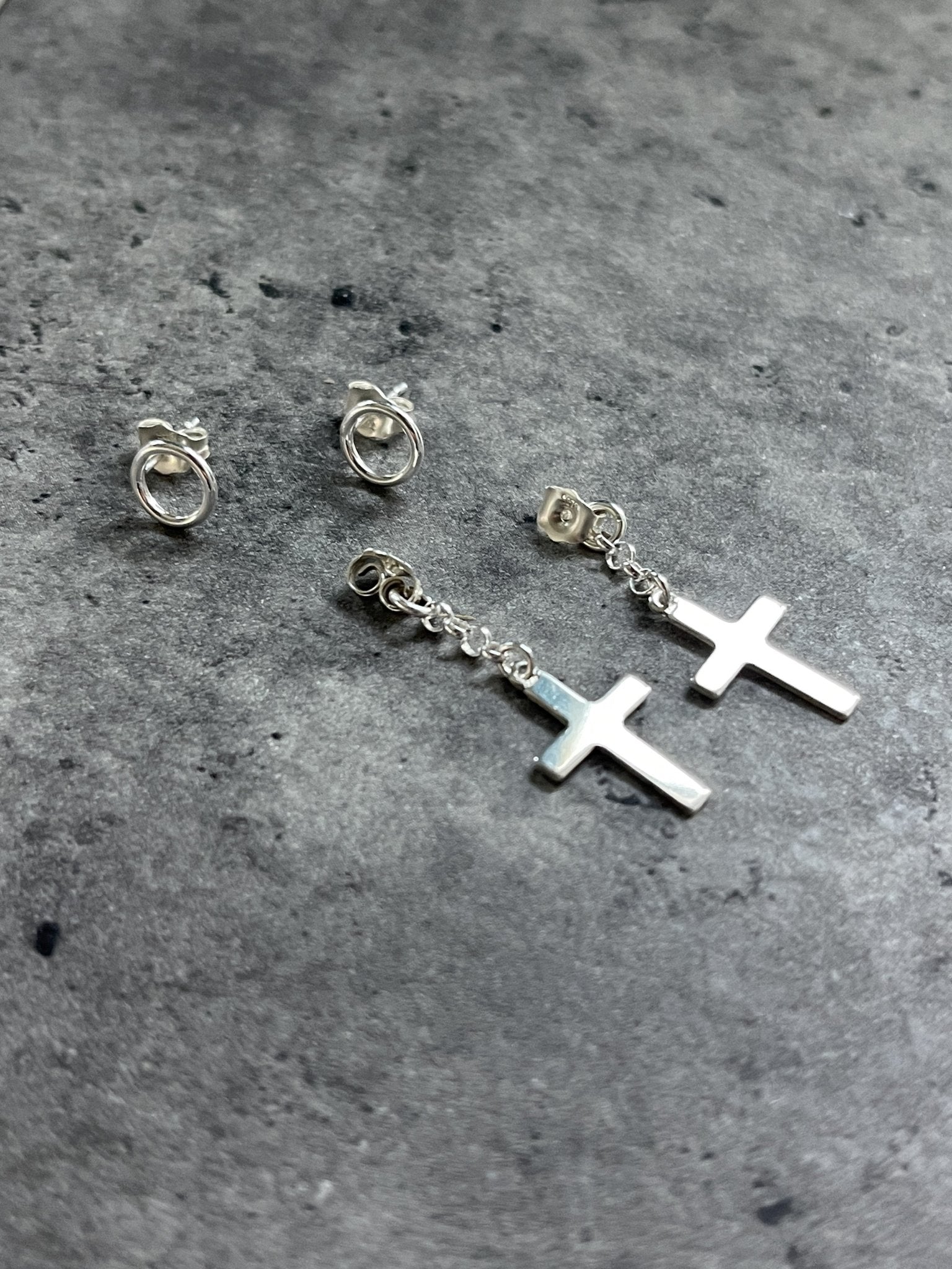 Dangle Cross Earrings with Circle Stud - Ear Jackets - LeSilveStone