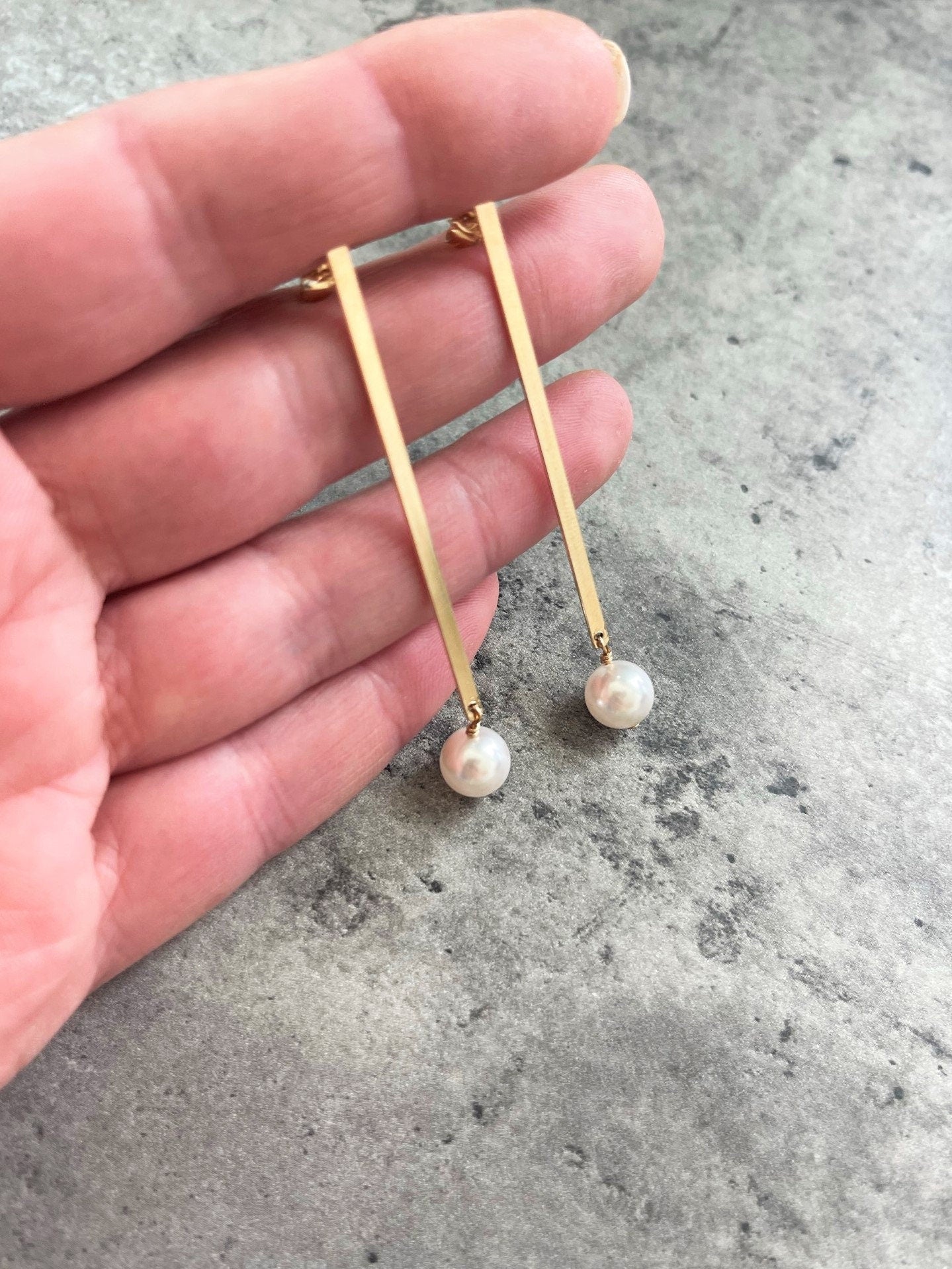 Long Bar Post Pearl Drop Earrings - LeSilveStone