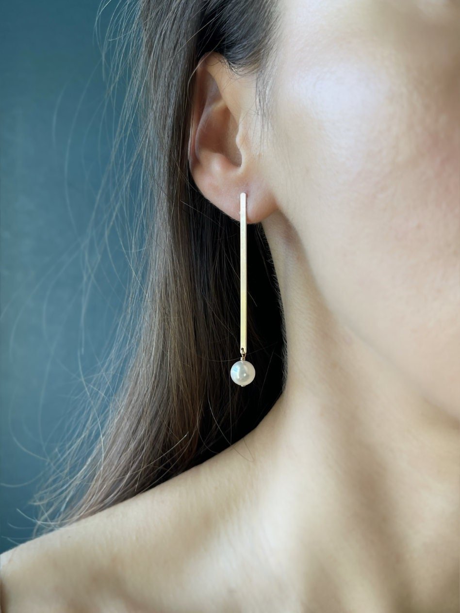 Long Bar Post Pearl Drop Earrings - LeSilveStone