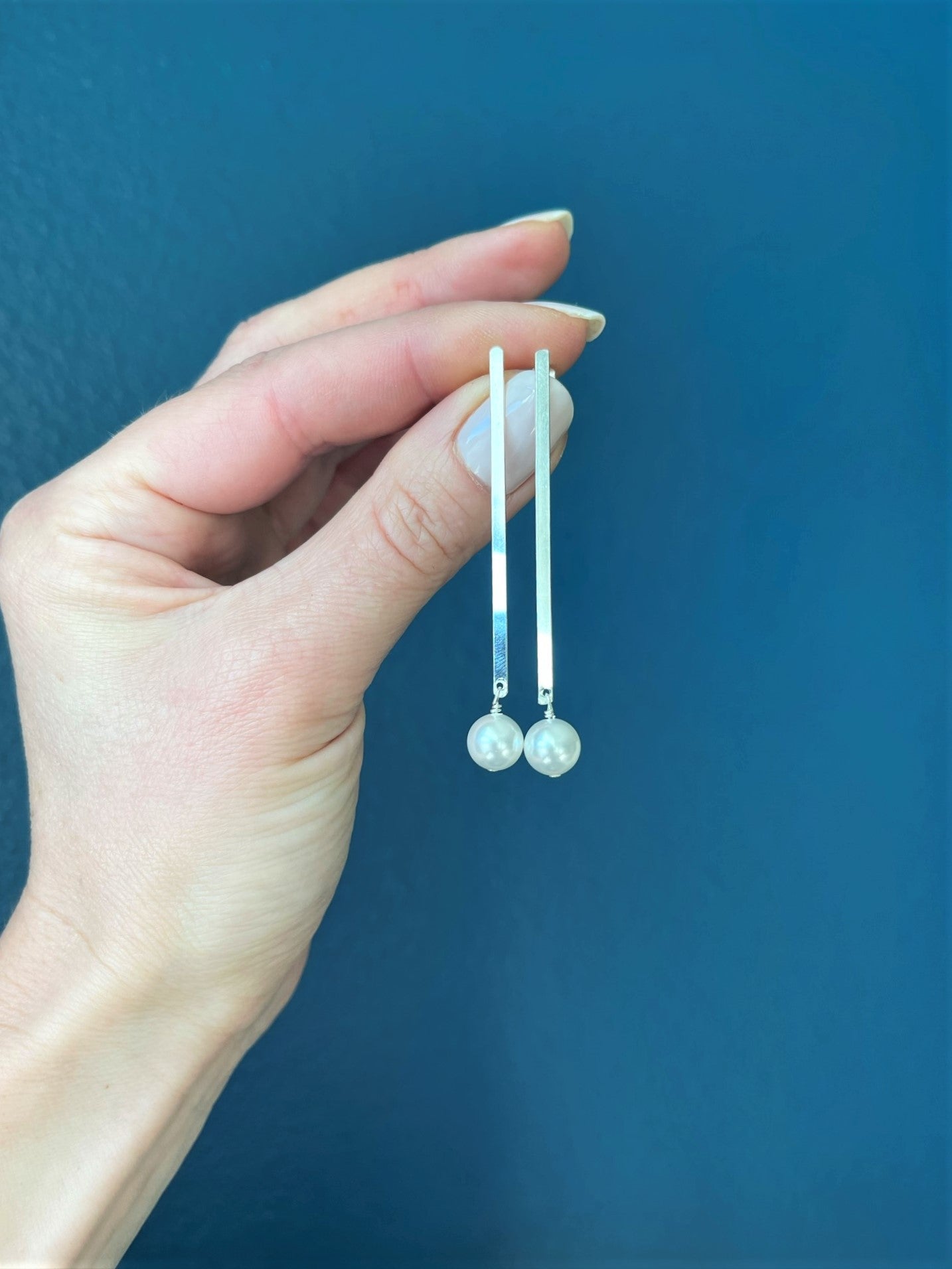 Long Bar Post Pearl Drop Earrings - LeSilveStone