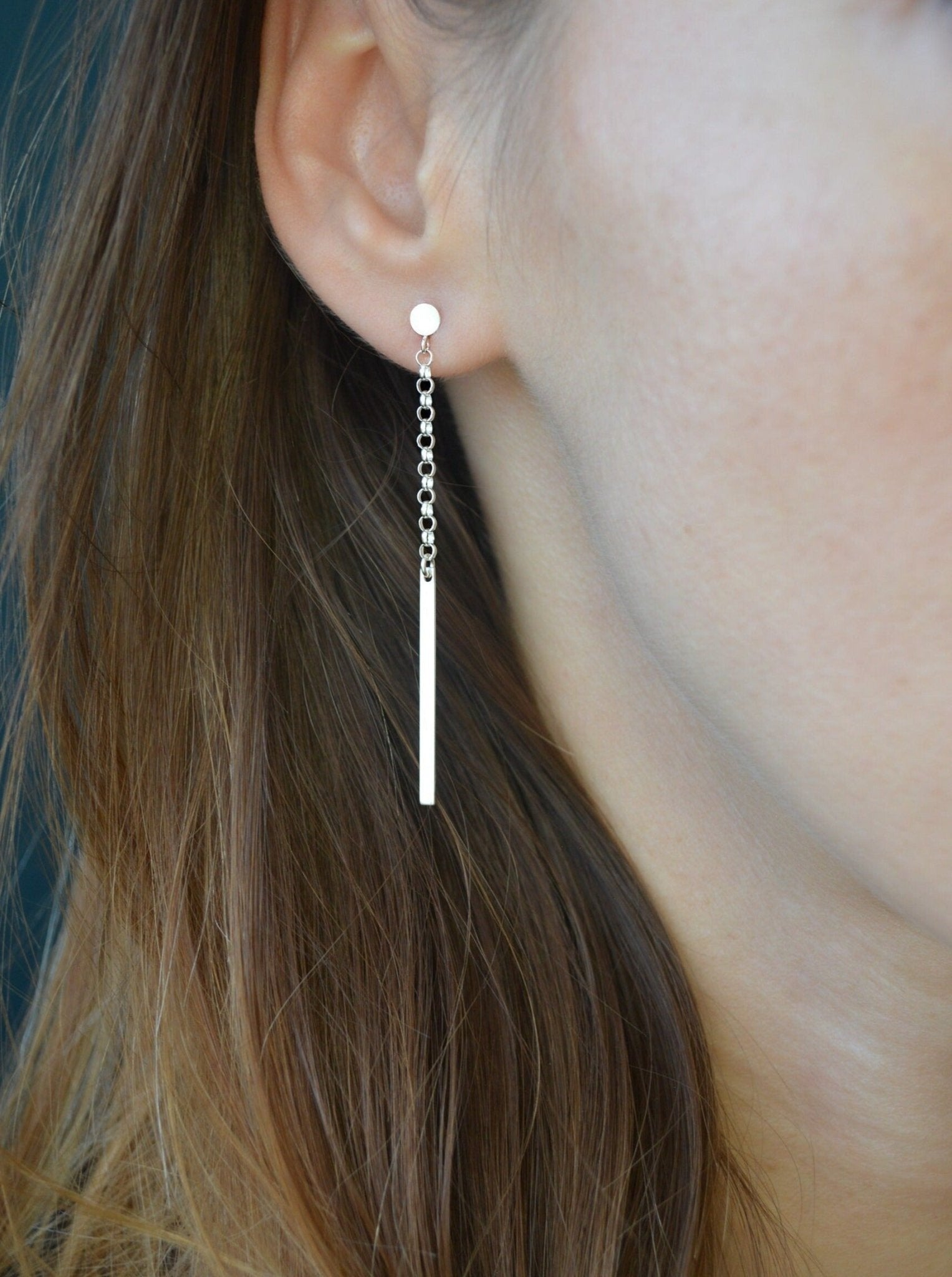 Long Dangle Chain Earrings Silver Bar Tips - LeSilveStone