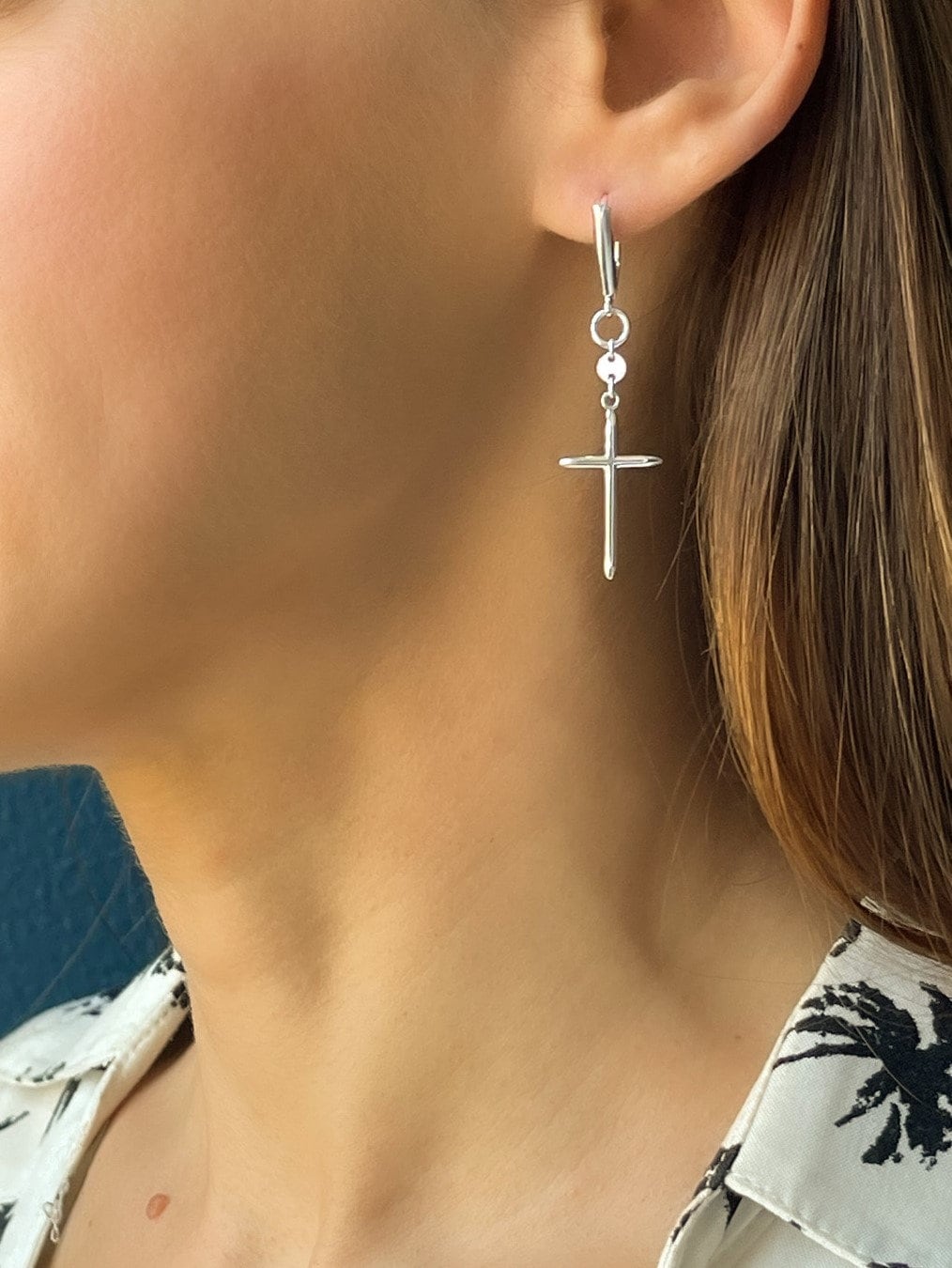 Long Geometric Sterling Silver Cross Earrings - LeSilveStone